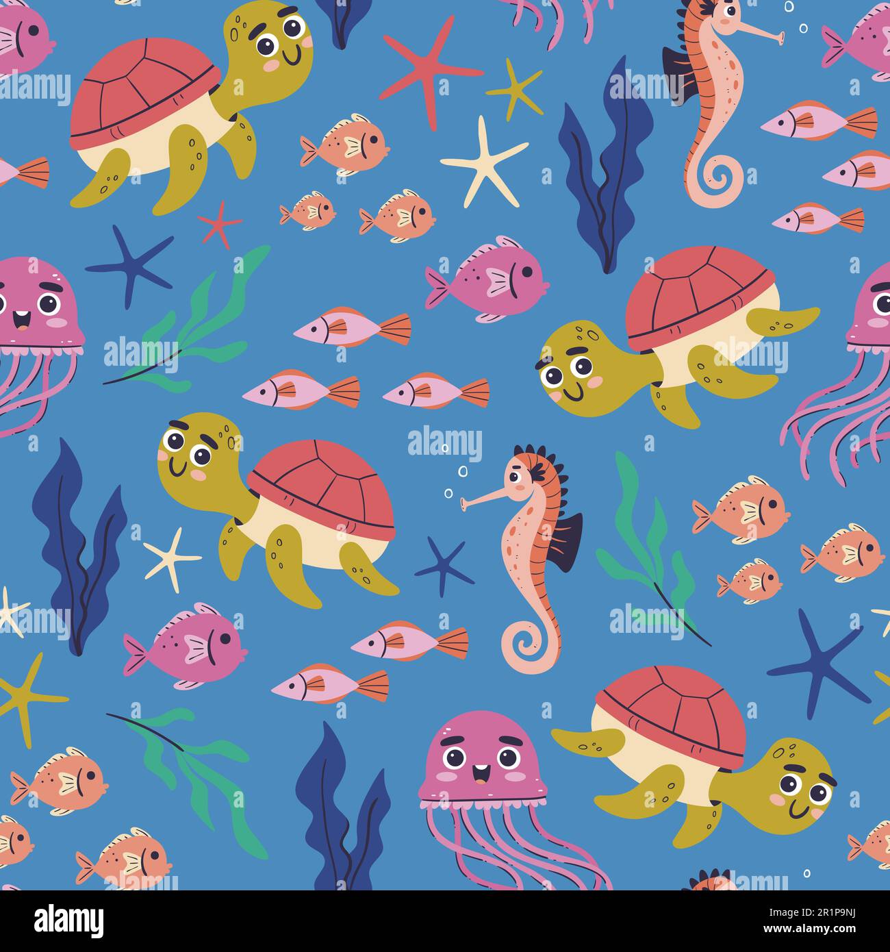 Animali marini modello senza giunture. Carini cavallucci marini e tartarughe marine nuotano in mare con meduse, alghe e pesci. Elementi isolati sul dorso blu Illustrazione Vettoriale