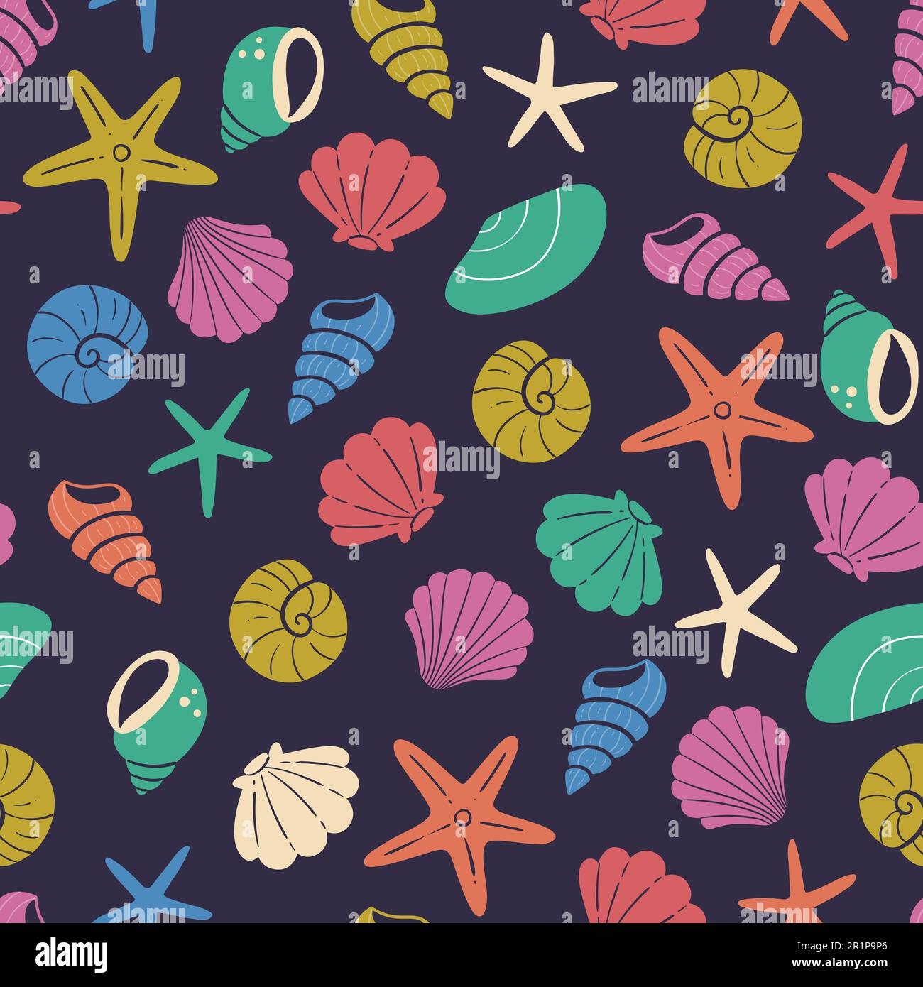 Motivo Seashell senza cuciture. Elementi decorativi di sfondo marino isolati su sfondo scuro. Illustrazione vettoriale colorata disegnata a mano Illustrazione Vettoriale