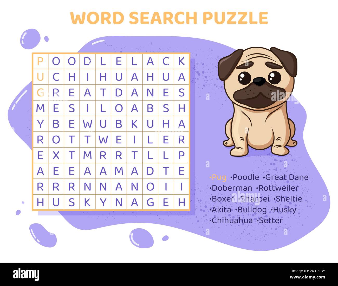 Puzzle di ricerca di parole con varie razze di cani. Illustrazione Vettoriale