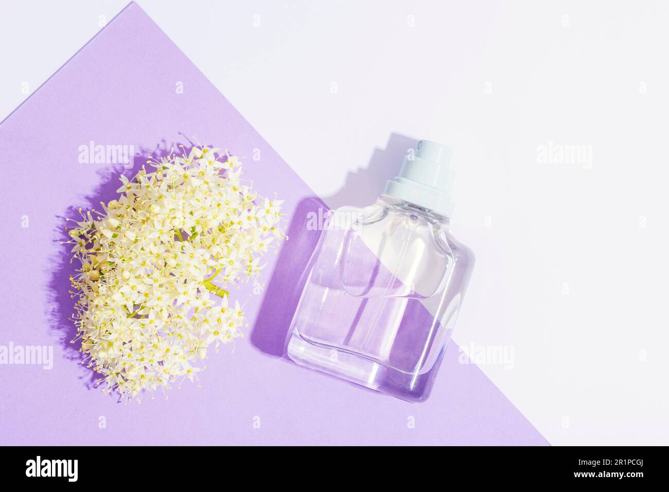 Bottiglia di profumo in vetro e fiore bianco su sfondo bianco e lilla alla luce del sole. Vista dall'alto, piatto, mockup. Foto Stock