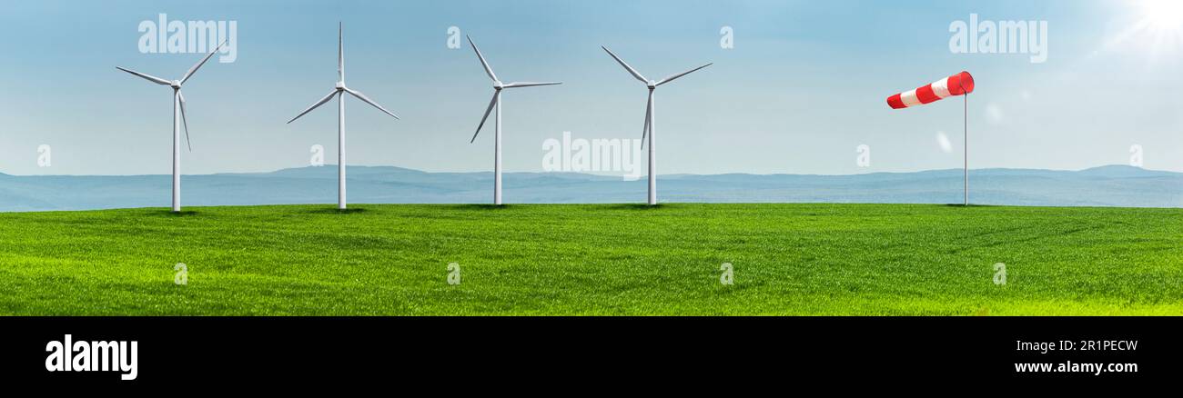 Paesaggio, turbine eoliche, windsock, fattoria eolica, energia eolica, energia alternativa, transizione di energia, sostenibilità, Foto Stock
