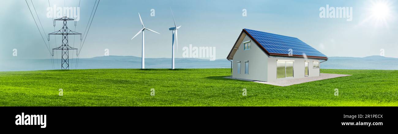 Turbine eoliche e celle solari sul tetto di una casa in un prato verde con linea elettrica Foto Stock