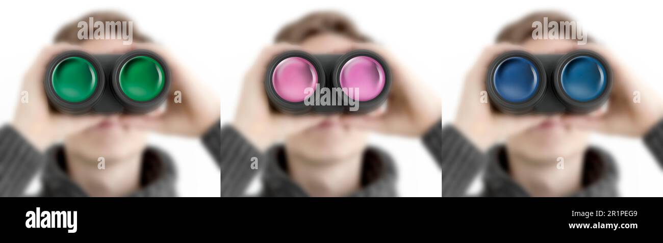 Persona sfocata con binocolo in diversi colori Foto Stock
