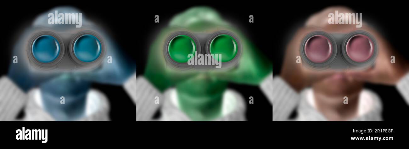 Persona sfocata con dispositivo di visione notturna in diversi colori Foto Stock