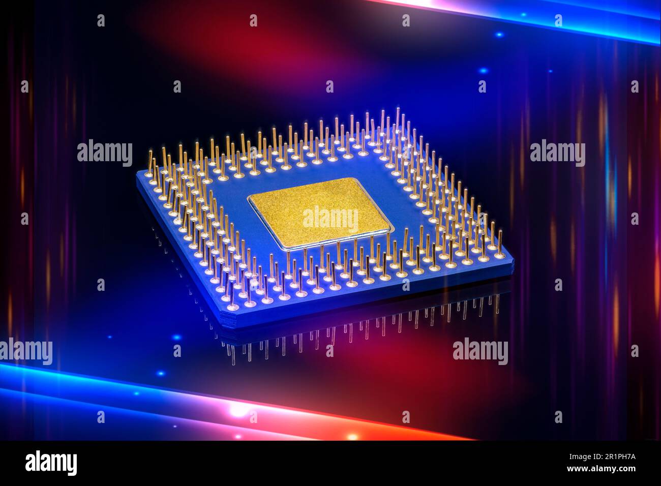 Processore per PC con effetti di luce e riflessi, grande profondità di campo grazie all'impilamento della messa a fuoco Foto Stock