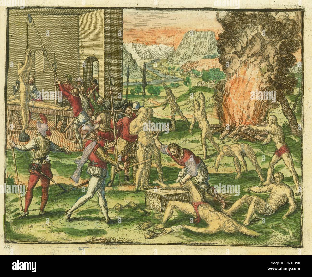 Tortura, Hernando de Soto tortura nativi americani. I soldati spagnoli tagliano gli arti e le mani, bruciano, versano il liquido giù le gole in un imbuto e appendono gli indiani, 1700, America, riproduzione storica, restaurata digitalmente da un originale del 19th ° secolo / Folter, Hernando de Soto foltert die amerikanischen Ureinwohner. Spanische Soldaten hacken Gliedmaßen und Hände ab, verbrennen, Gießen Flüssigkeit in einem Trichter in den Hals und hängen Indianer auf, 1700, Amerika, Historisch, digital restaurierte Reproduktion von einer Vorlage aus dem 19. Jahrhundert Foto Stock