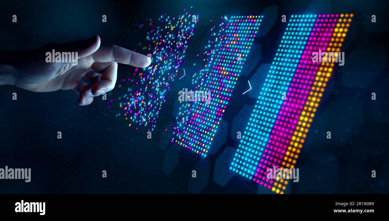 Analisi dei big data con tecnologia ai per l'analisi aziendale. Informazioni su data mining, filtraggio, ordinamento, clustering. Scienziato dei dati che lavora su mach Foto Stock