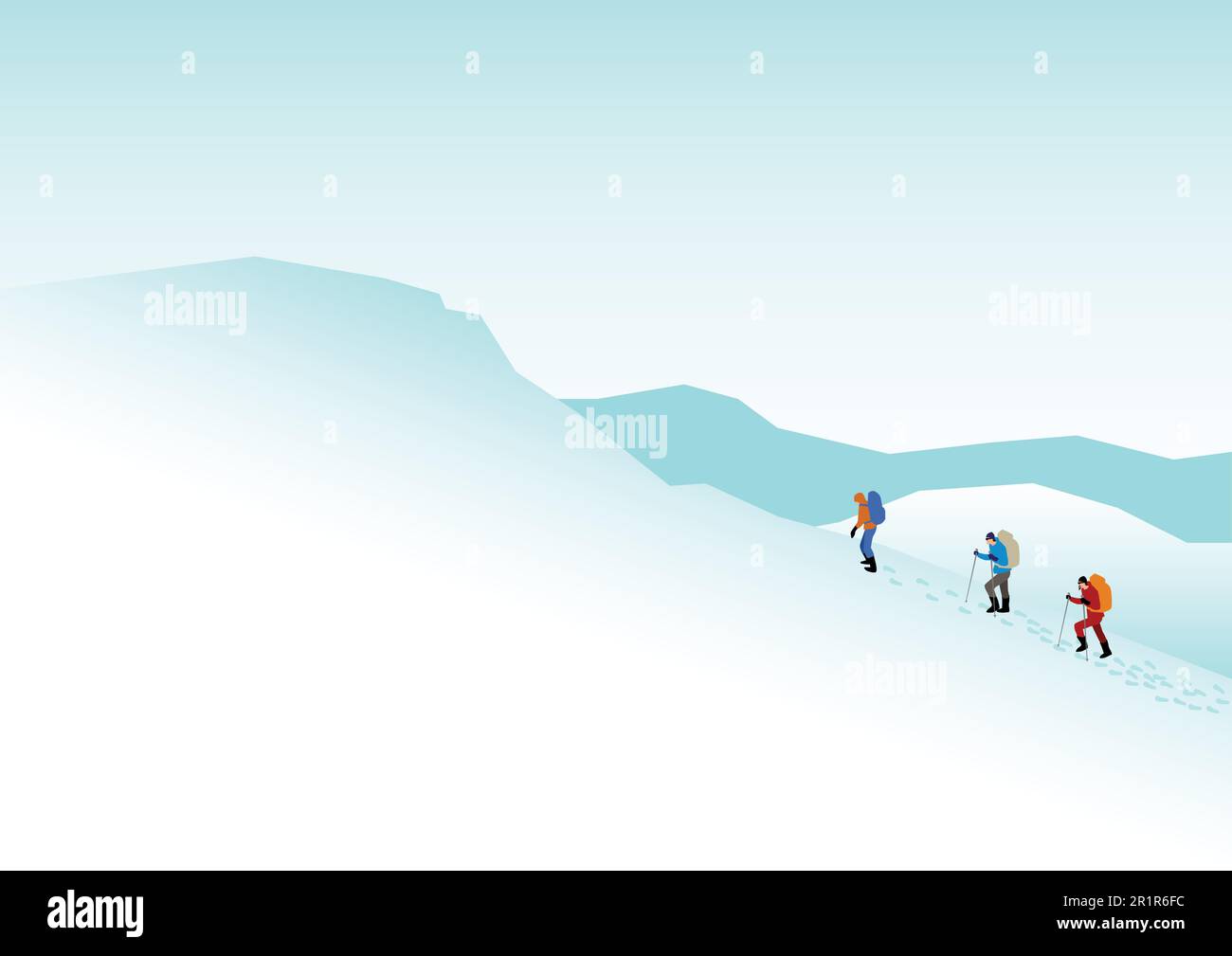 Semplice grafica di persone escursioni sulle montagne innevate Illustrazione Vettoriale