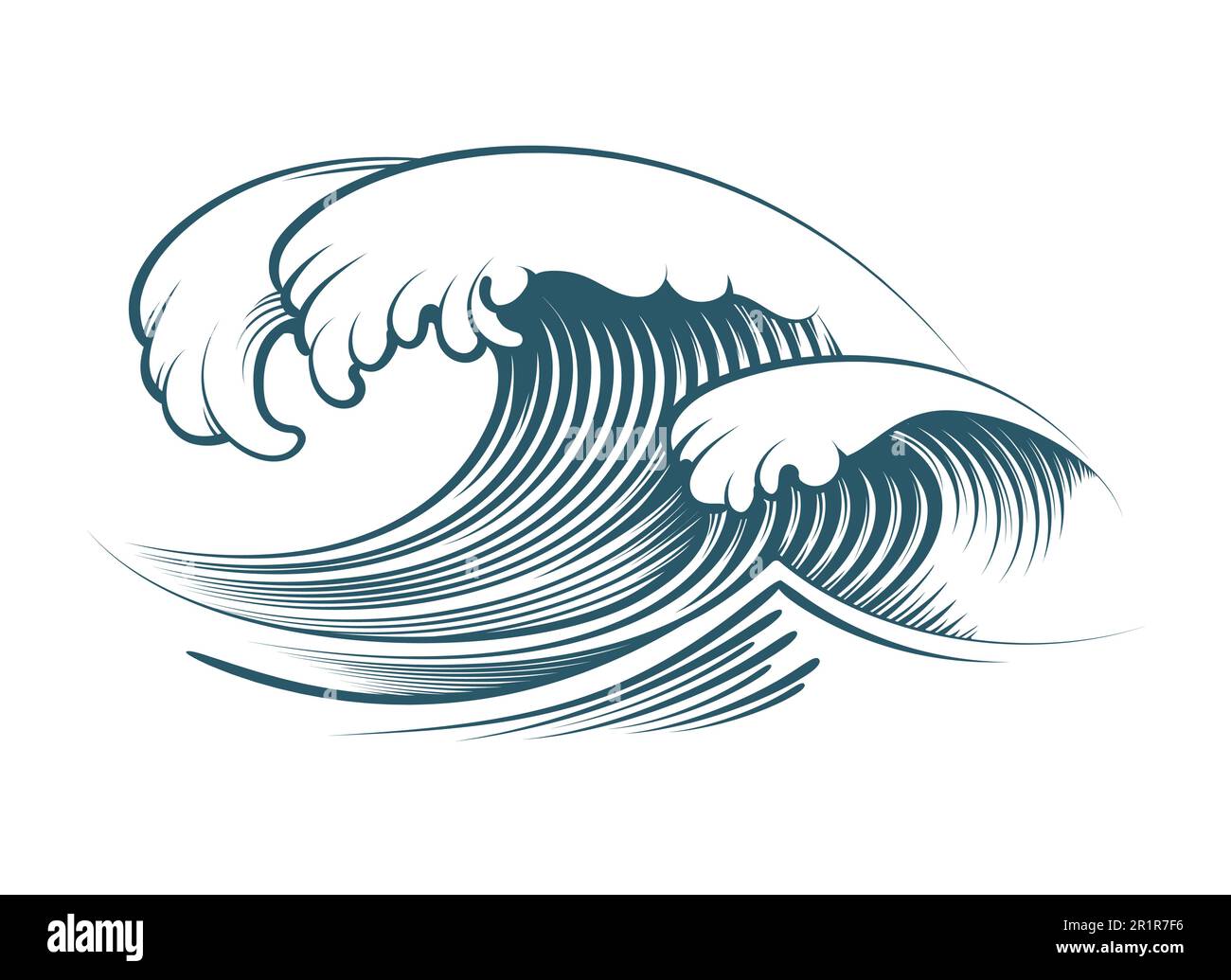 Incisione Tattoo monocromatico di onde oceaniche isolato su bianco. Illustrazione vettoriale. Illustrazione Vettoriale