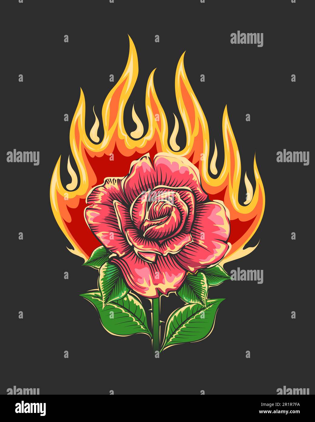 Tatuaggio di fiore di rosa ardente in fiamma isolato su sfondo nero. Illustrazione vettoriale. Illustrazione Vettoriale