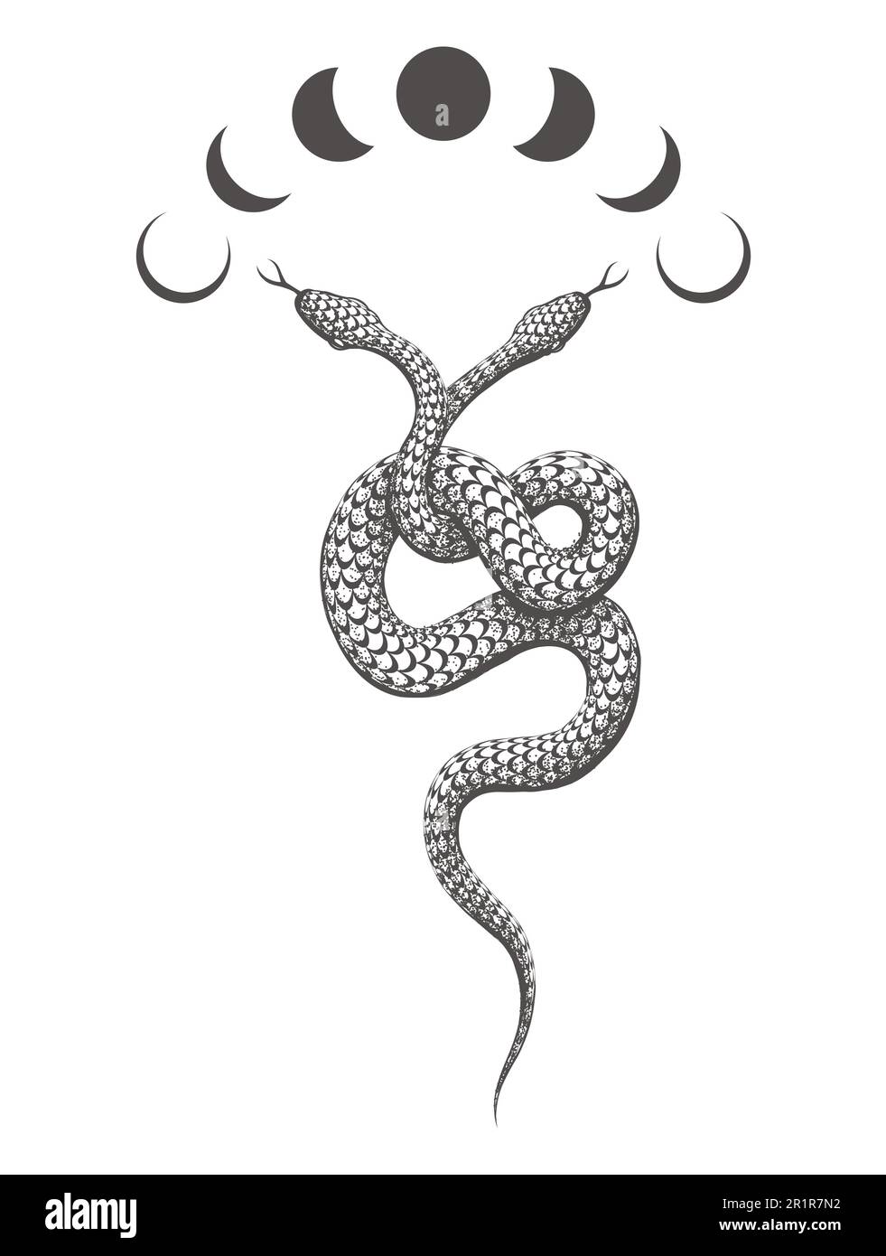 Tatuaggio esoterico di due fasi di serpente e luna a testa isolata su bianco. Illustrazione vettoriale. Illustrazione Vettoriale