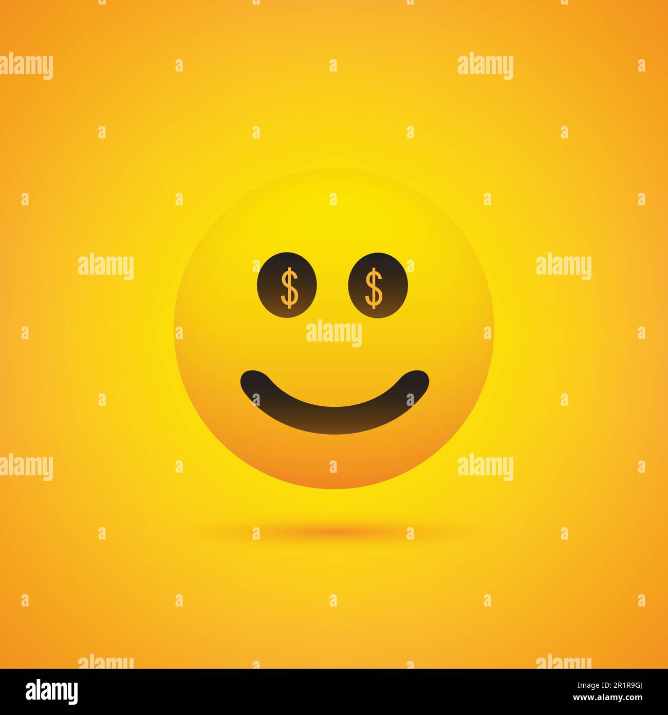 Emoji sorridente con Dollar Sign the in Eyes - Simple Happy Emoticon su sfondo giallo Illustrazione Vettoriale