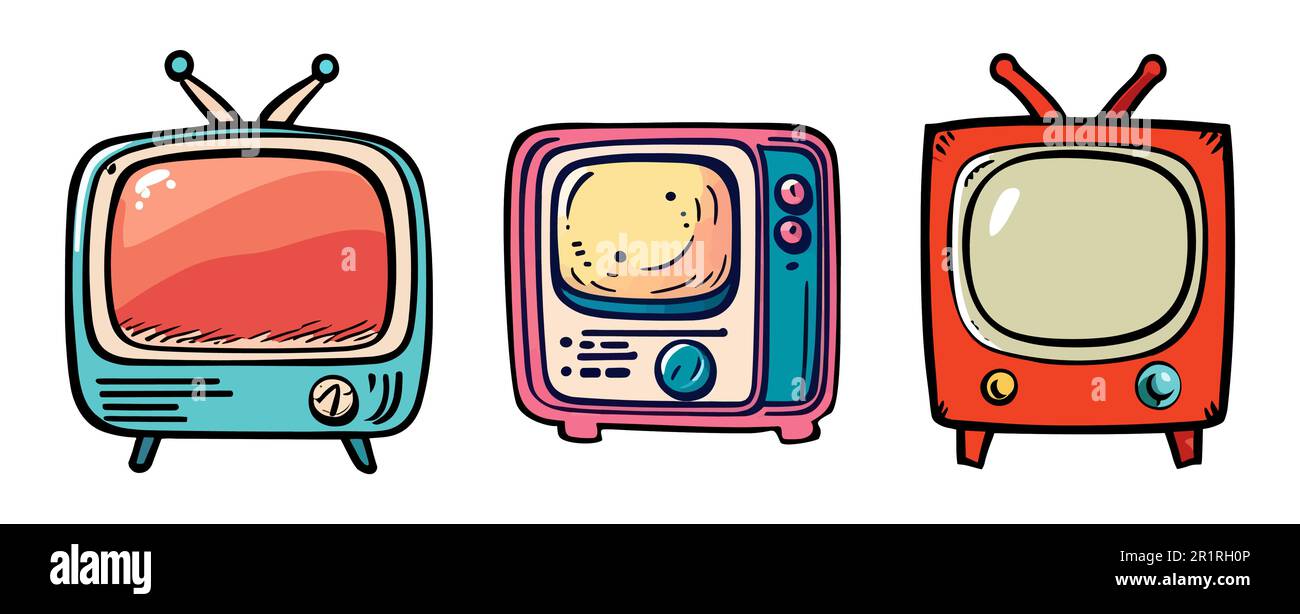 Set vettoriale TV retro comico disegnato a mano isolato. Illustrazione Vettoriale