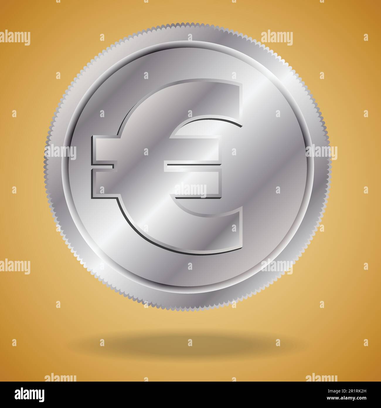 Concetto moderno con una moneta europea. Euro europeo d'argento con ombra su fondo dorato. Illustrazione Vettoriale