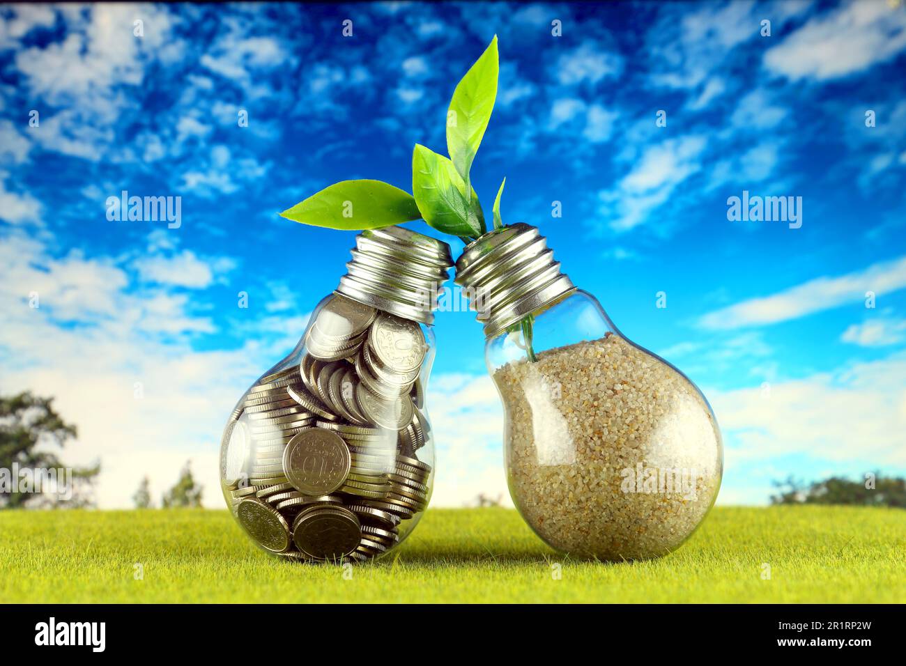Monete all'interno del bulbo luminoso sull'erba e pianta che cresce all'interno del bulbo luminoso con sfondo blu cielo. Eco-verde energia rinnovabile concetto. Elettri Foto Stock