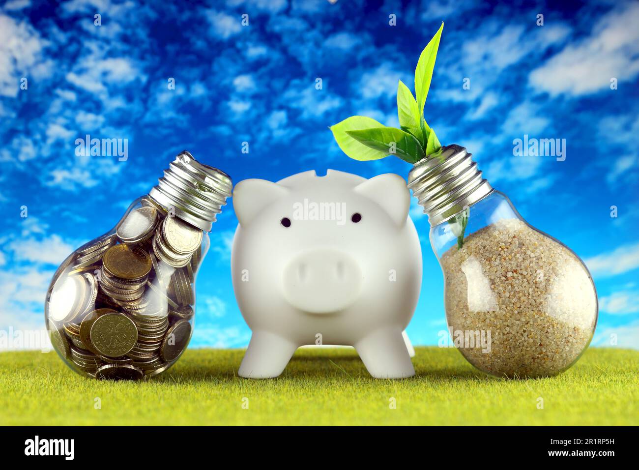 Monete all'interno della lampadina, pianta che cresce all'interno della lampadina e piggy bank. Eco-verde energia rinnovabile concetto. Prezzi dell'elettricità, risparmio energetico Foto Stock
