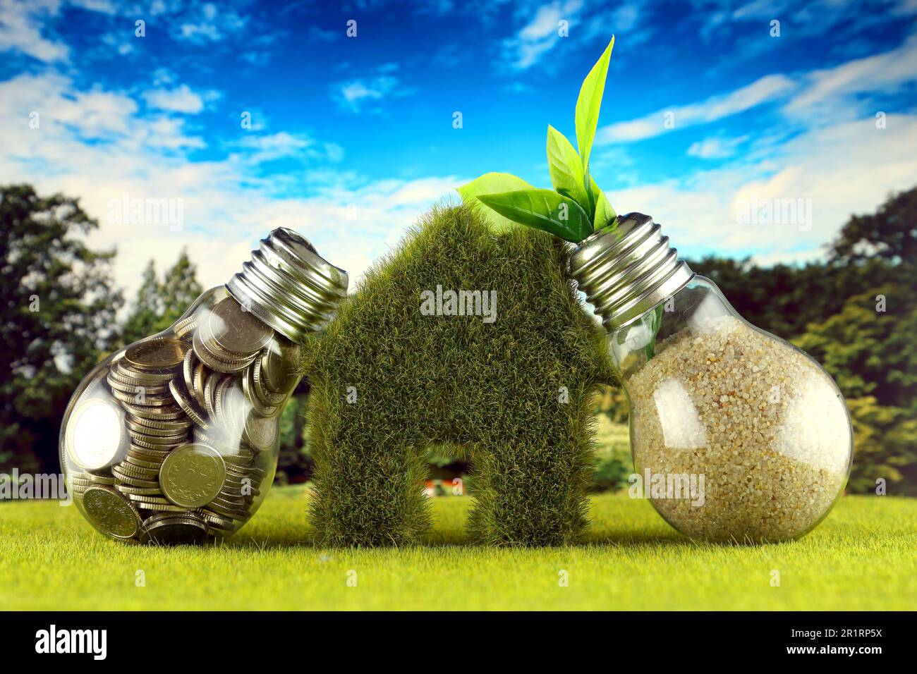 Monete all'interno della lampadina, pianta che cresce all'interno della lampadina e casa in miniatura con erba. Eco-verde energia rinnovabile concetto. Prezzo dell'elettricità Foto Stock