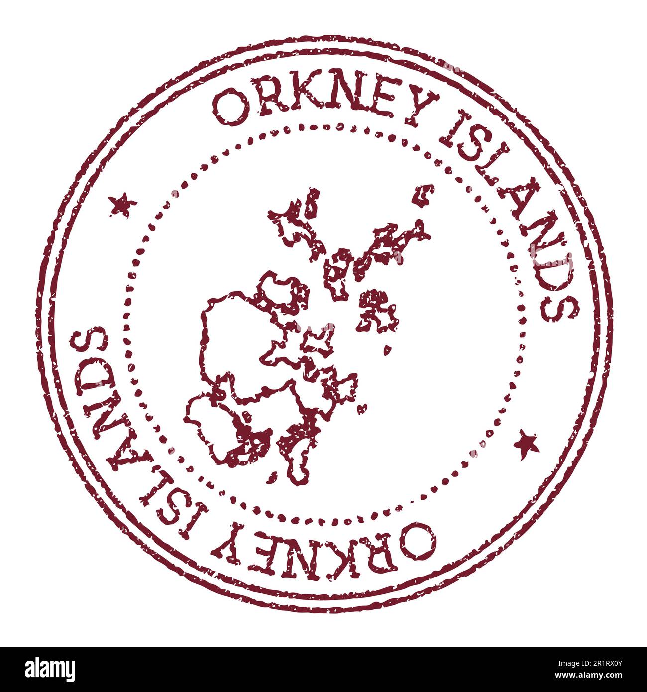 Orkney Islands francobollo di gomma rotondo con mappa dell'isola. Timbro passaporto rosso vintage con testo circolare e stelle, illustrazione vettoriale. Illustrazione Vettoriale