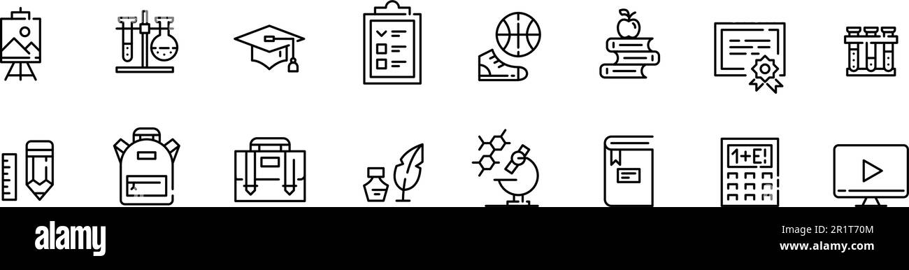 Icone relative alla scuola. Soggetti, zaino, cappellino di laurea e pranzo. Pixel Perfect, icone del tratto modificabili Illustrazione Vettoriale