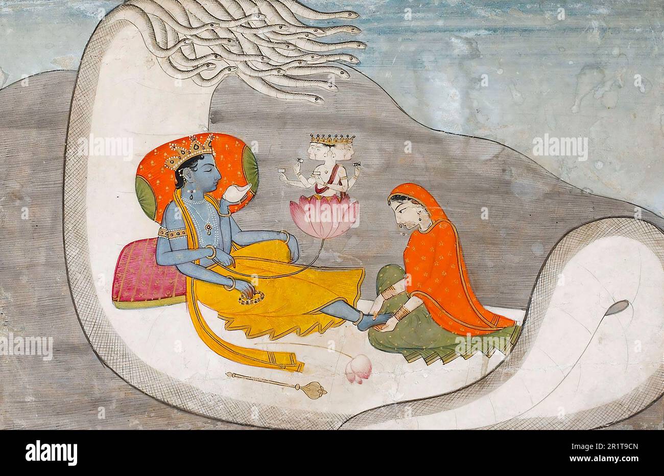 Vishnu Reclining su Serpent Shesha, acquerello opaco e vernice oro su carta, c. 1775-1800 Foto Stock