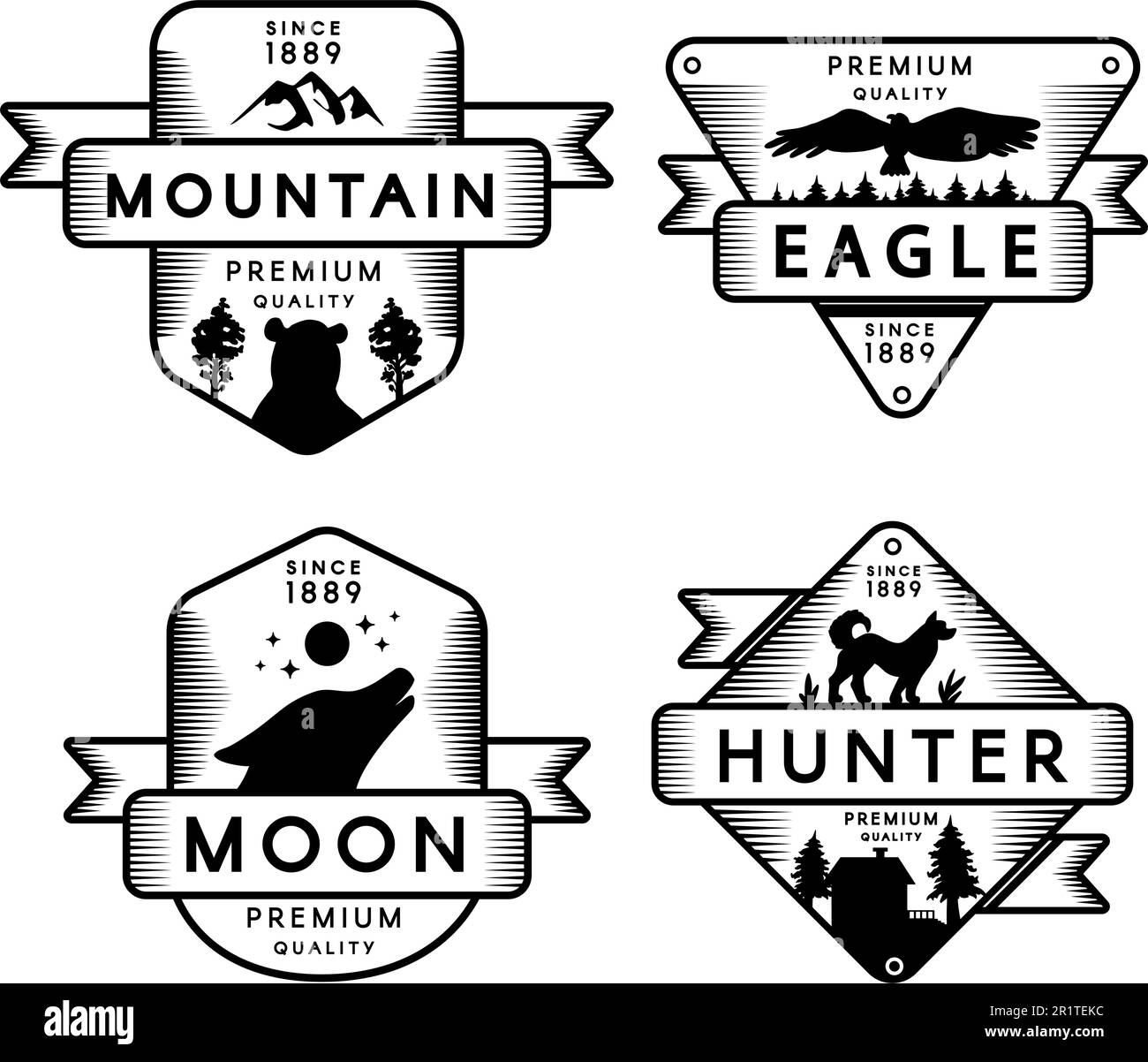 Logo Wild Eagle and Hunter, Moon and Mountain Set. Collection marchio di qualità Premium. Uccello Condor e Bear, lupo e cane silhouette sul logotipo Bl Illustrazione Vettoriale
