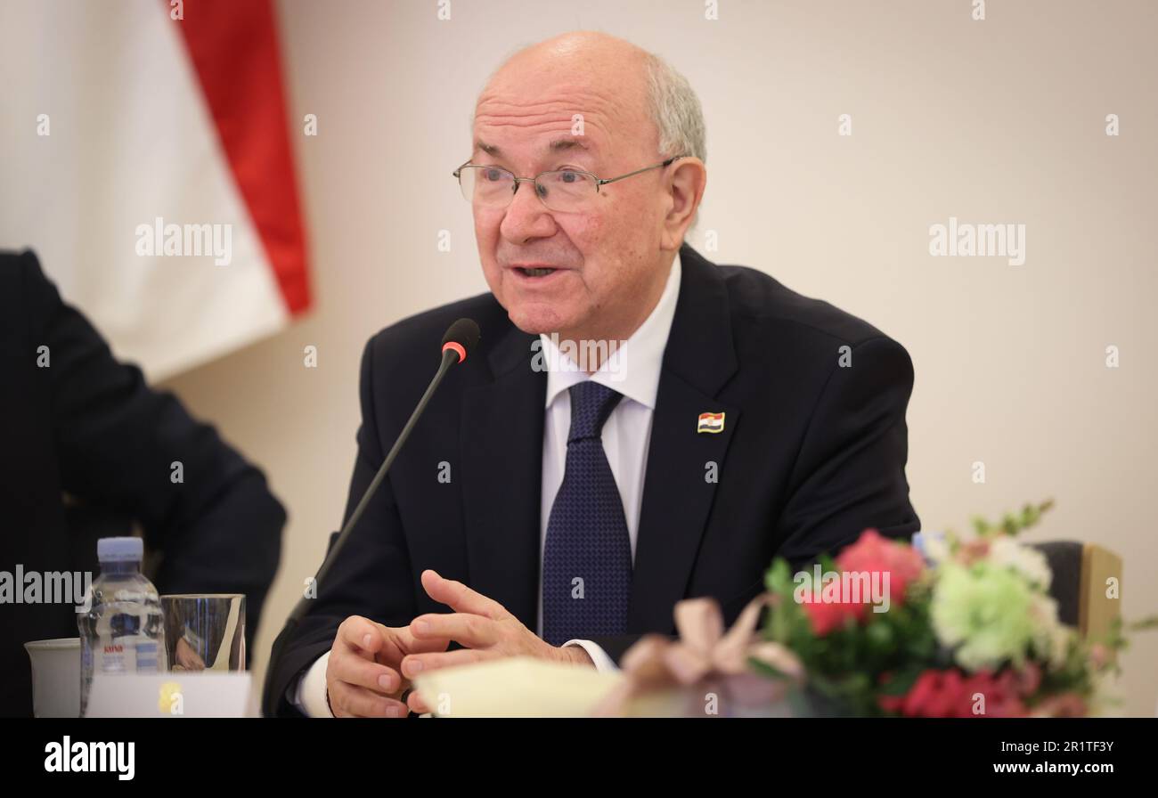 Zagabria, Croazia. 15th maggio, 2023. L'ex ministro degli Esteri della Croazia, Mate Granic, ha illustrato nel corso di un incontro bilaterale nel corso di una visita di lavoro del ministro degli Esteri belga nella regione dei Balcani, lunedì 15 maggio 2023, a Zagabria, in Croazia. BELGA PHOTO VIRGINIE LEFOUR Credit: Agenzia Notizie Belga/Alamy Live News Foto Stock