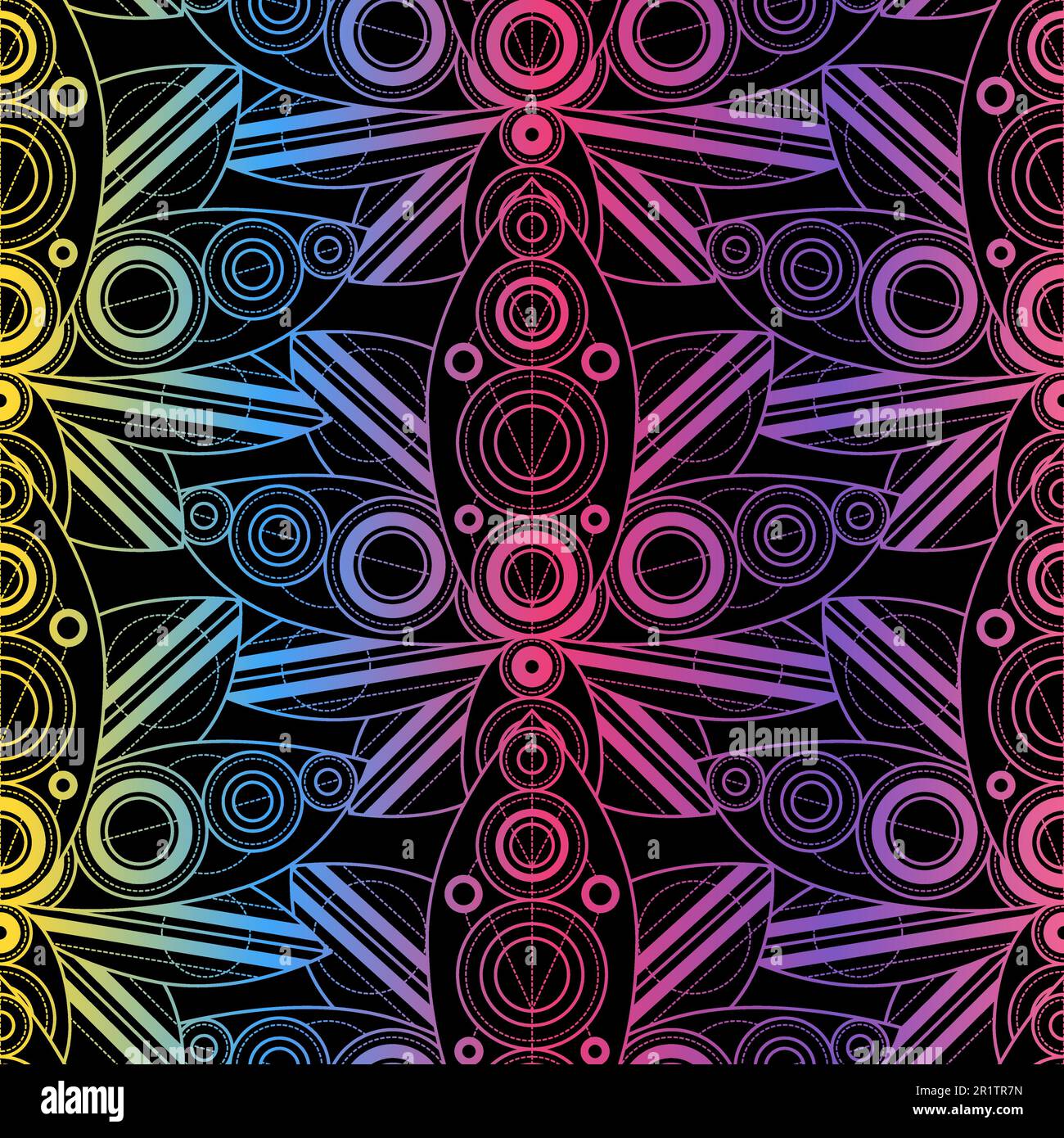 Motivo colorato senza cuciture con fiori di loto contorno su sfondo nero. Splendido sfondo di lusso ornamento geometrico lineare. Fiori di loto dorati. Illustrazione Vettoriale