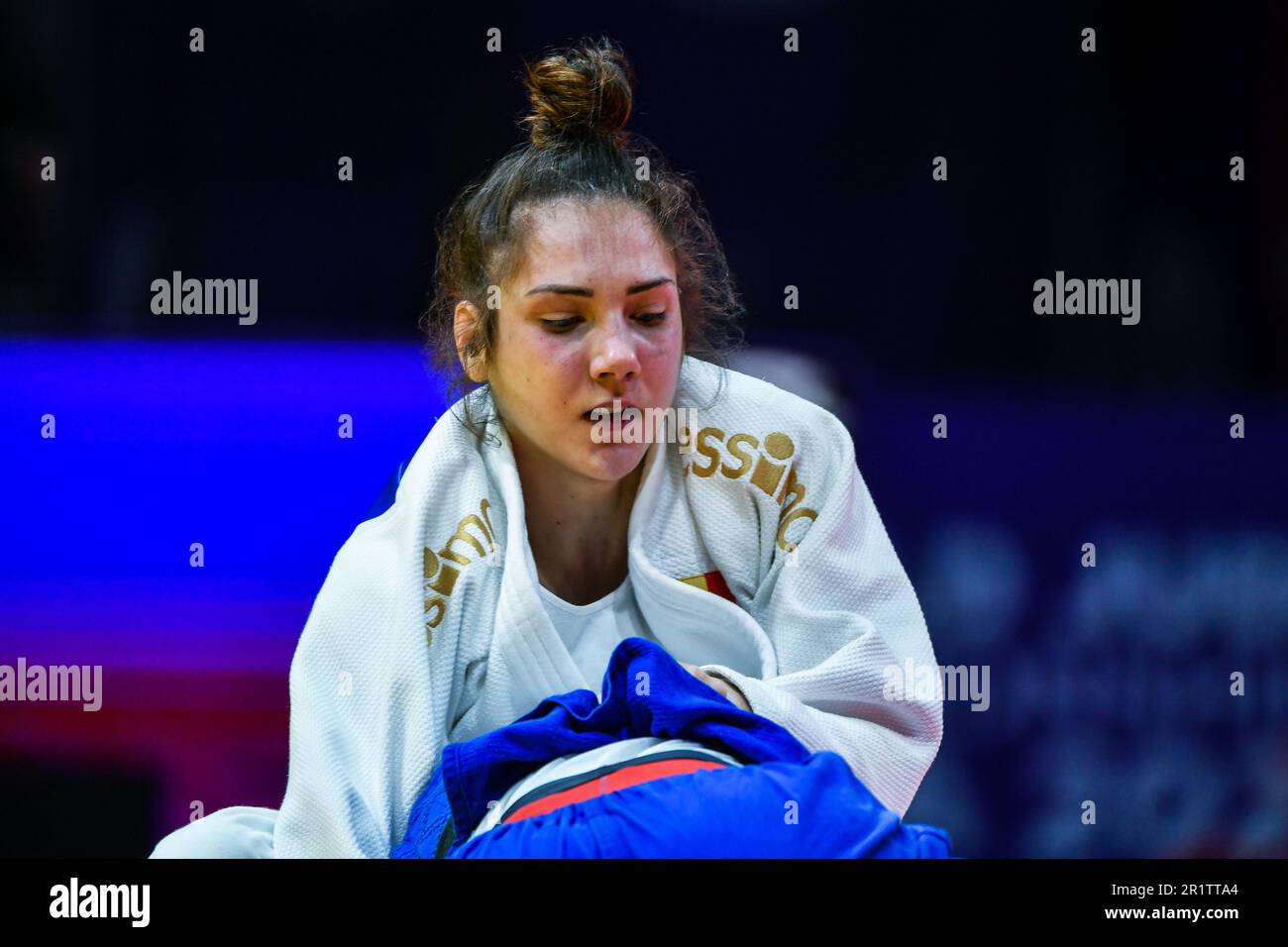 Doha, Qatar, 8 maggio 2023. Amber Riheul del Belgio reagisce in Women's -52kg durante i Campionati del mondo di Judo 2023 - Day 2 a Doha, Qatar. 8 maggio 2023. Credito: Nikola Krstic/Alamy Foto Stock