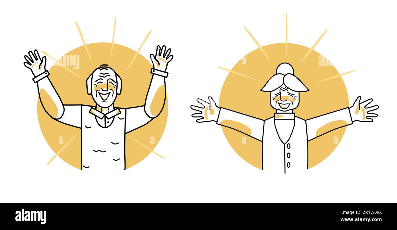 Icona felice del cerchio del nonno e della nonna, emozione di felicità, espressione facciale con i gesti. Persone anziane gioiose, che esprimono sentimenti felici. Voi Illustrazione Vettoriale