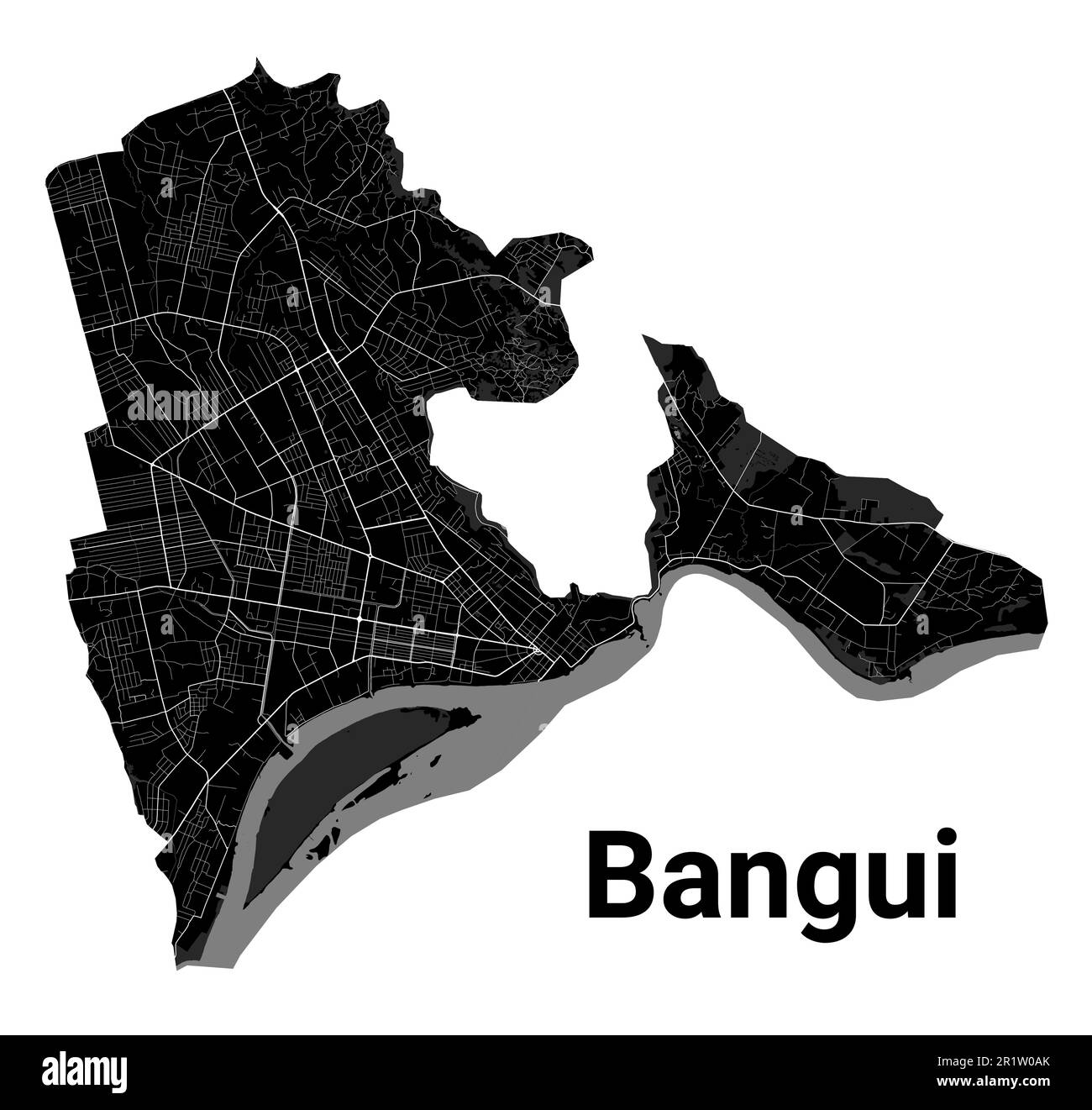 Bangui, carta della Repubblica Centrafricana. Mappa nera dettagliata dell'area amministrativa della città di Bangui. Poster sulla città con vista metropolitana sull'aria. Terra nera con Illustrazione Vettoriale