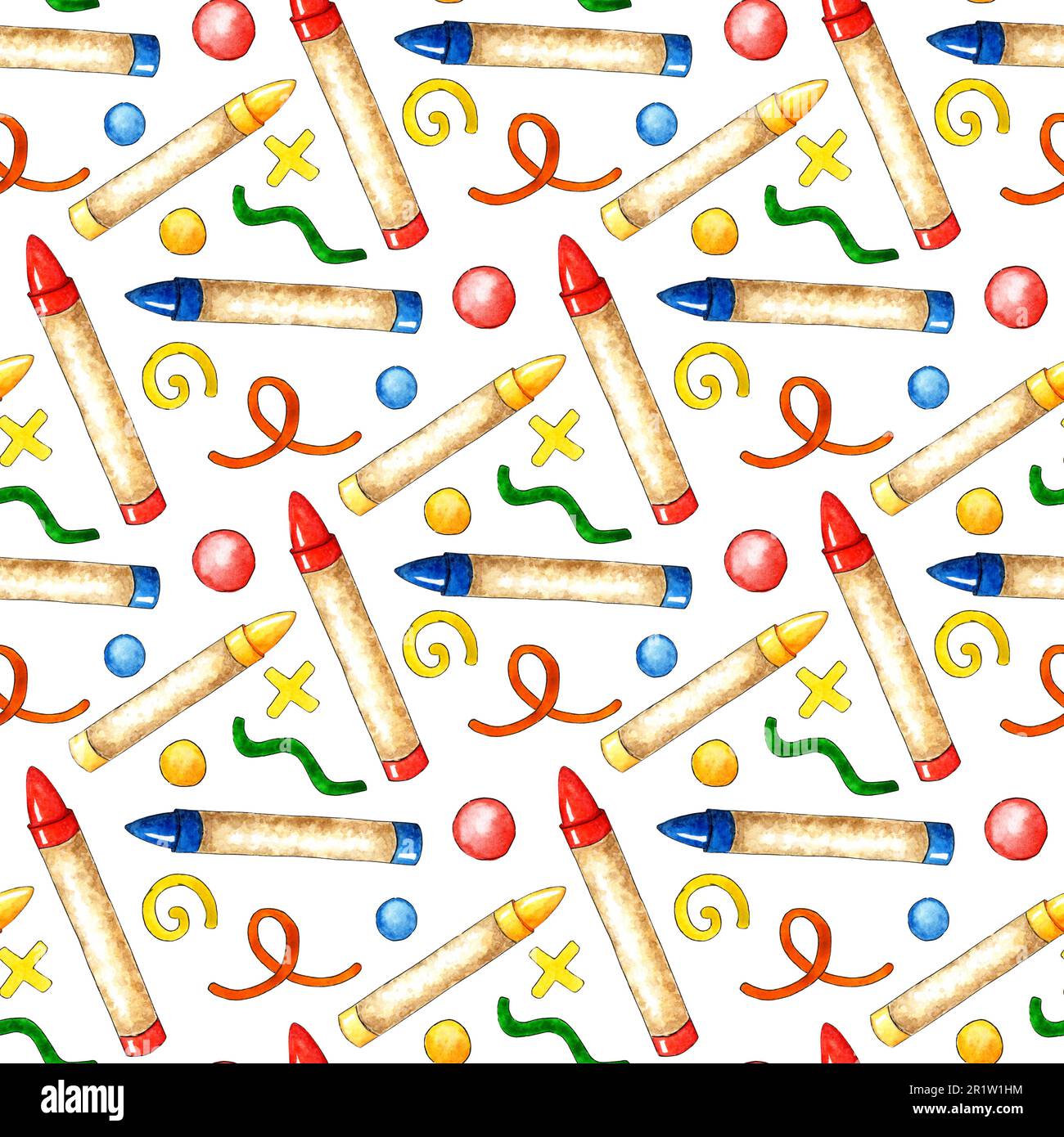 Acquerello illustrazione di un modello di cera colorati pastelli e scribbles. Disegnare, creare, lavorare. Materiali di scrittura "ritorno a scuola" per poster, poster, Foto Stock