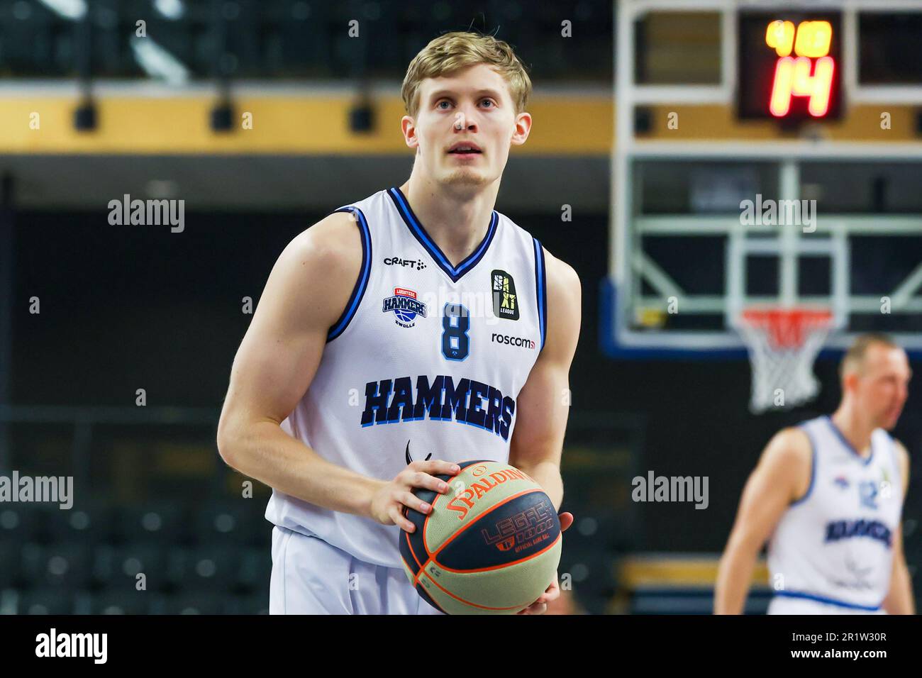 Zwolle, Paesi Bassi. 15th maggio, 2023. ZWOLLE, PAESI BASSI - MAGGIO 15: Felix Terins of Landstede Hammers durante la partita della BNXT League tra Landstede Hammers e RSW Liege Basket al Landstede Sportcentrum il 15 Maggio 2023 a Zwolle, Paesi Bassi (Foto di Albert Ten Hove/Orange Pictures) Credit: Orange Pics BV/Alamy Live News Foto Stock