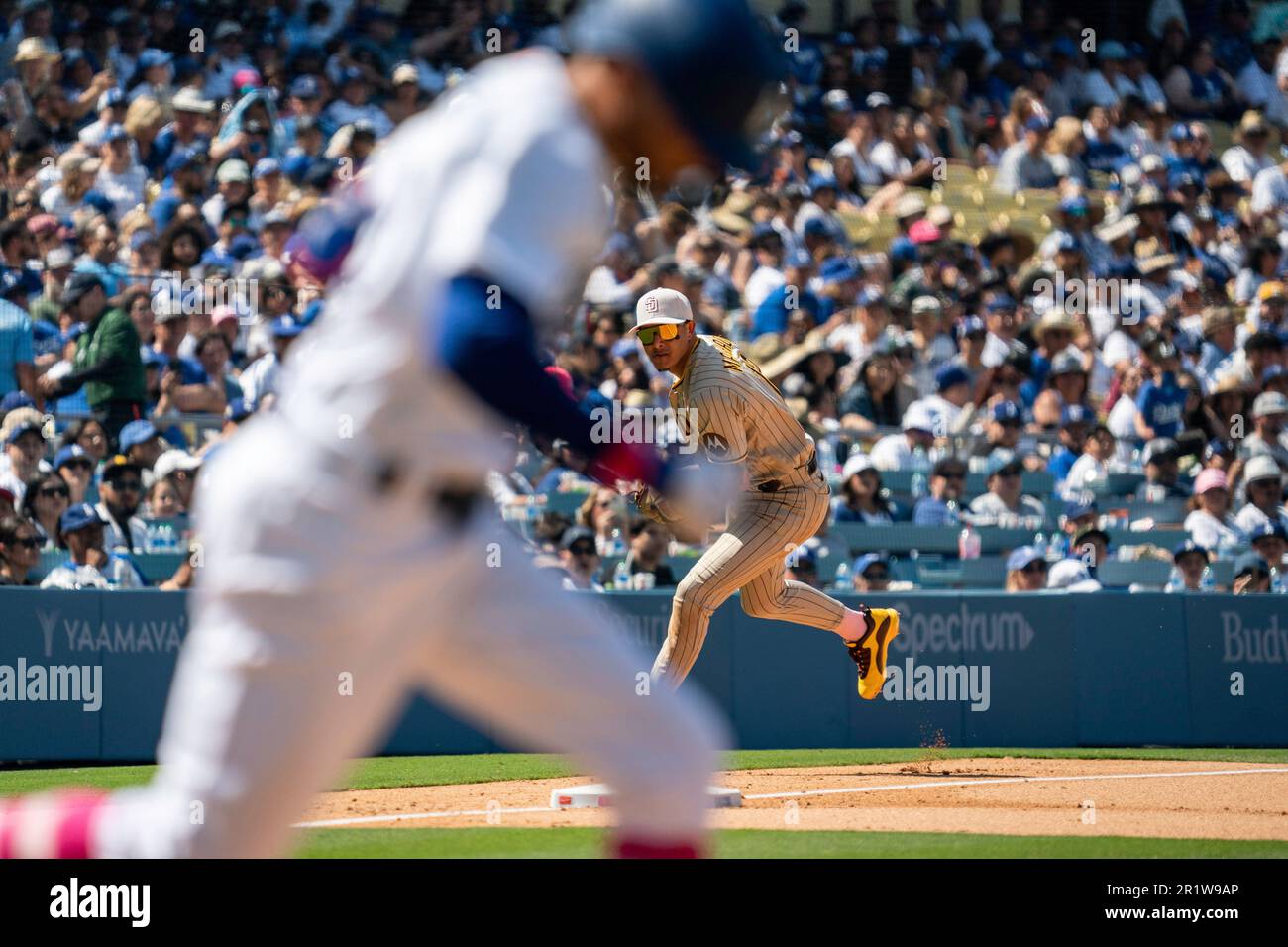San Diego Padres terzo baseman Manny Machado (13) getta alla prima base durante una partita di MLB contro i Los Angeles Dodgers, domenica 14 maggio 2023, al DoD Foto Stock