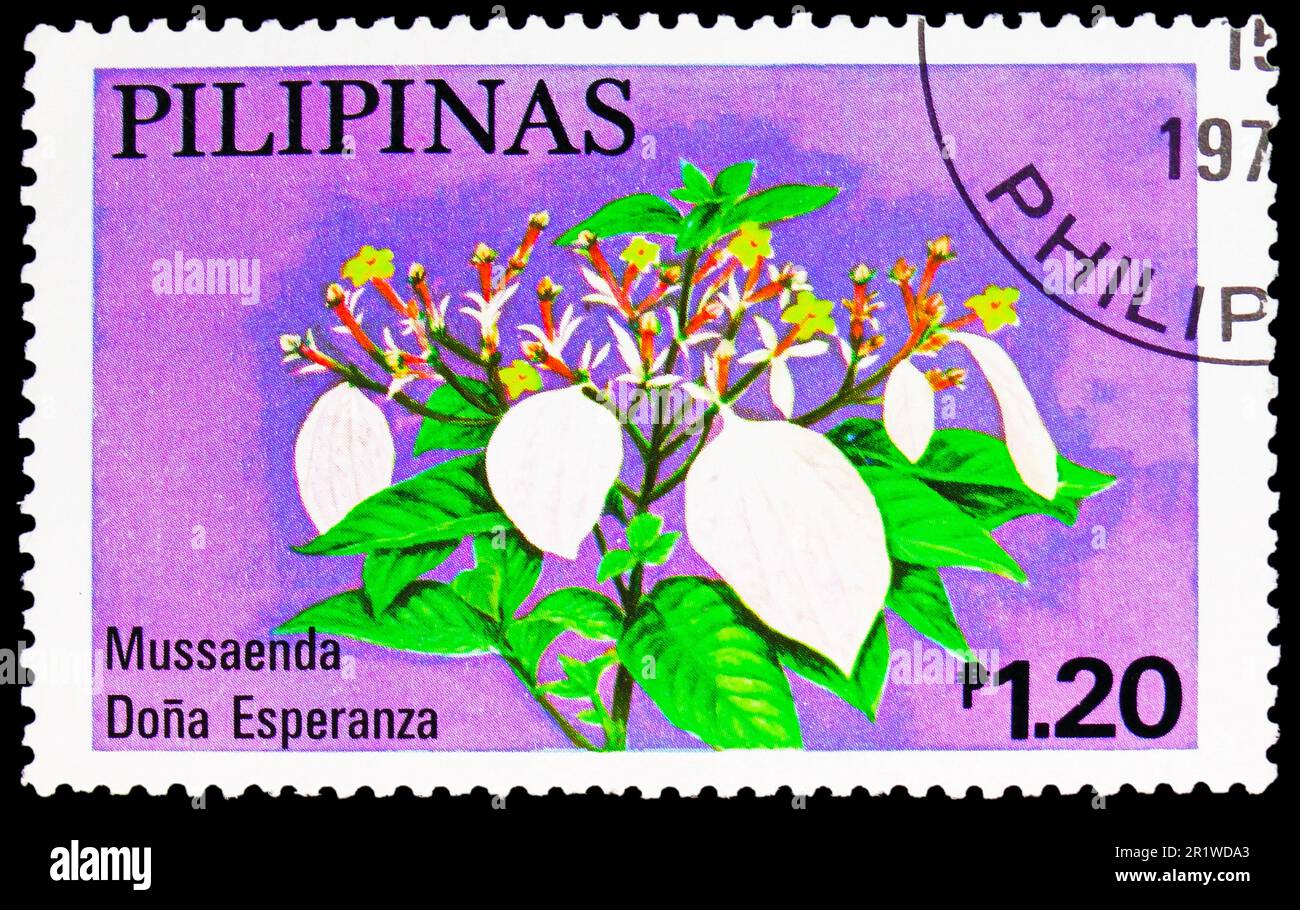 MOSCA, RUSSIA - 08 APRILE 2023: Francobollo stampato nelle Filippine mostra Dona Esperanza, Filippine Mussaendas serie, circa 1979 Foto Stock