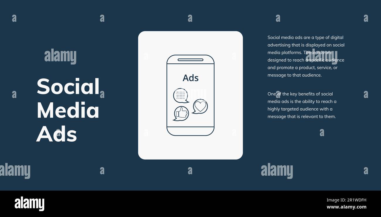 Banner sui social media su sfondo blu. Elegante banner SMM con testo bianco e icone per il business e il marketing Illustrazione Vettoriale