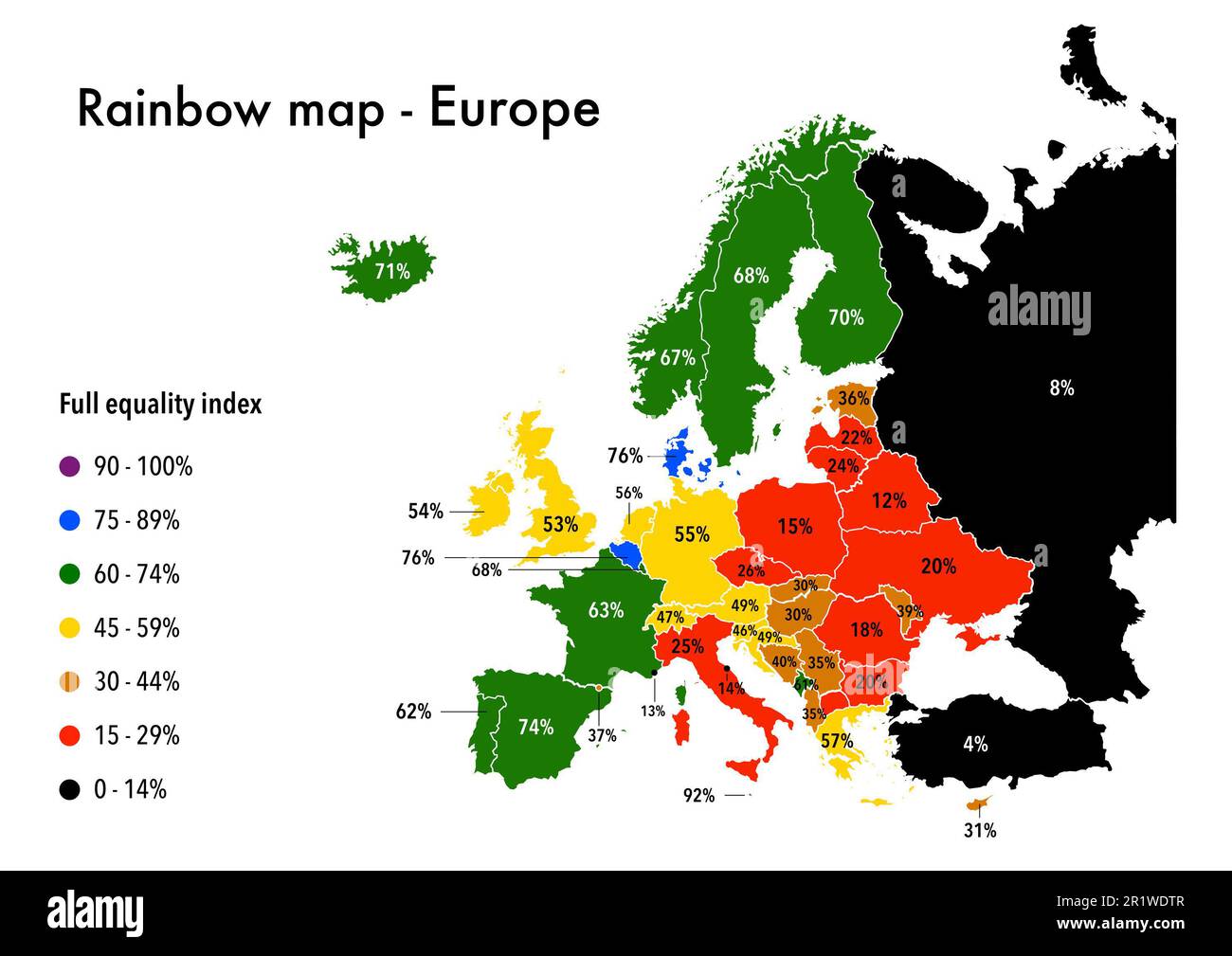 Mappa arcobaleno che mostra i diritti umani delle persone LGBTI in Europa Foto Stock