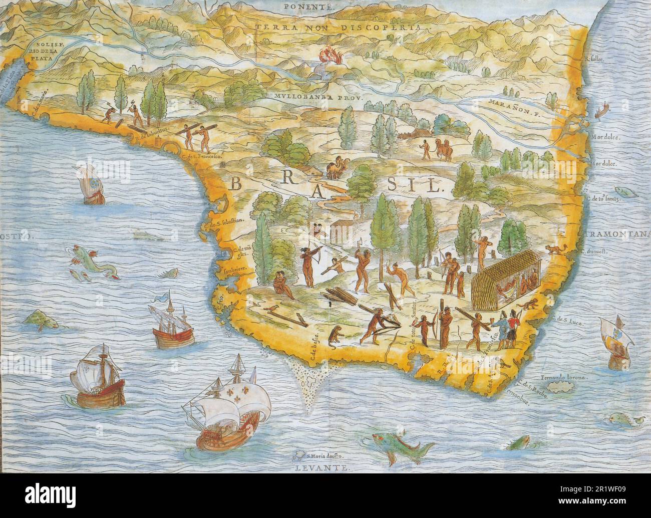 Brasile. Giovanni Batista Ramusio, 1557, 27 x 38 cm © Acervo Museu Paulista da Universidade de São Paulo (sob guarda) Fonte: O tesourpo dos mapas - A cartografia na formação do Brasil, p. 236 Foto Stock