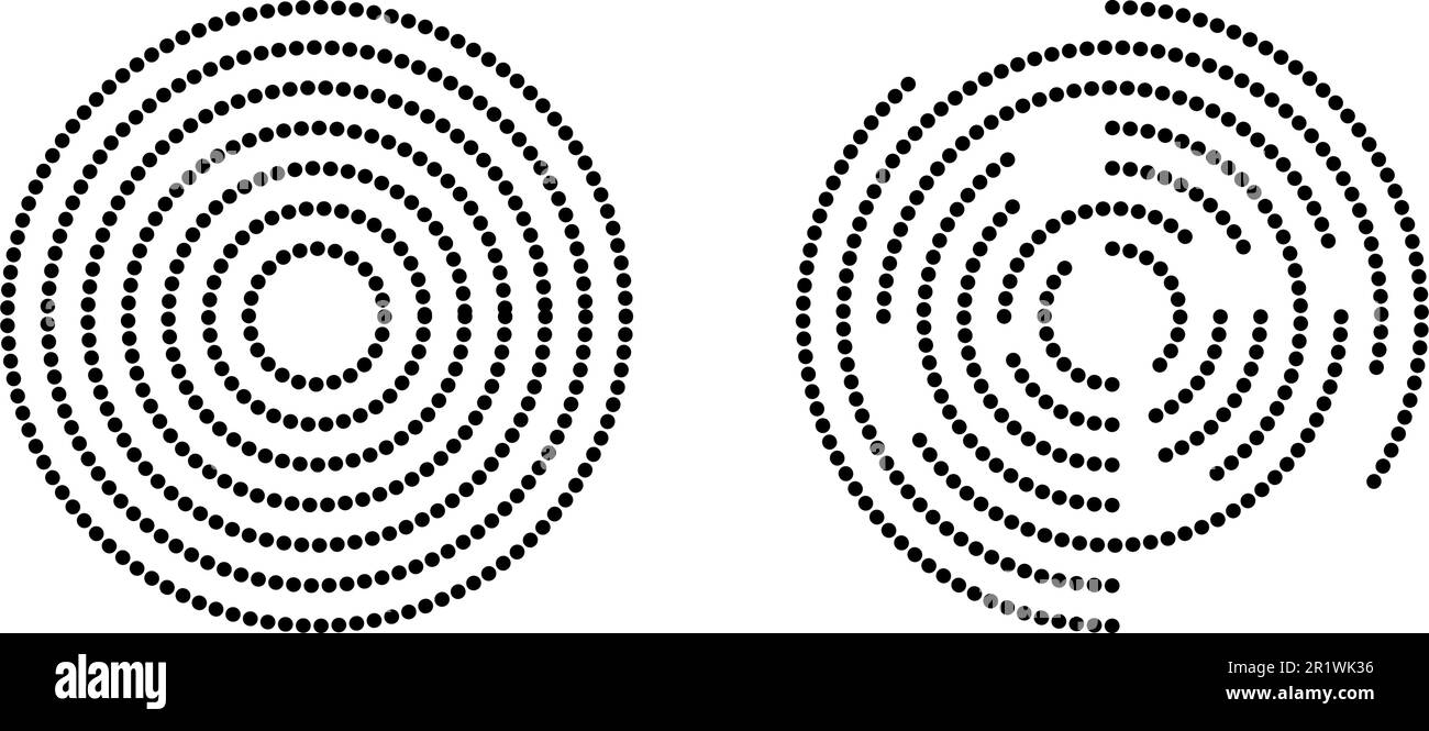 Icone di ondulazione circolari. Cerchi concentrici con linee punteggiate intere e interrotte di polka isolate su sfondo bianco. Vortice, sonar e onda sonora Illustrazione Vettoriale