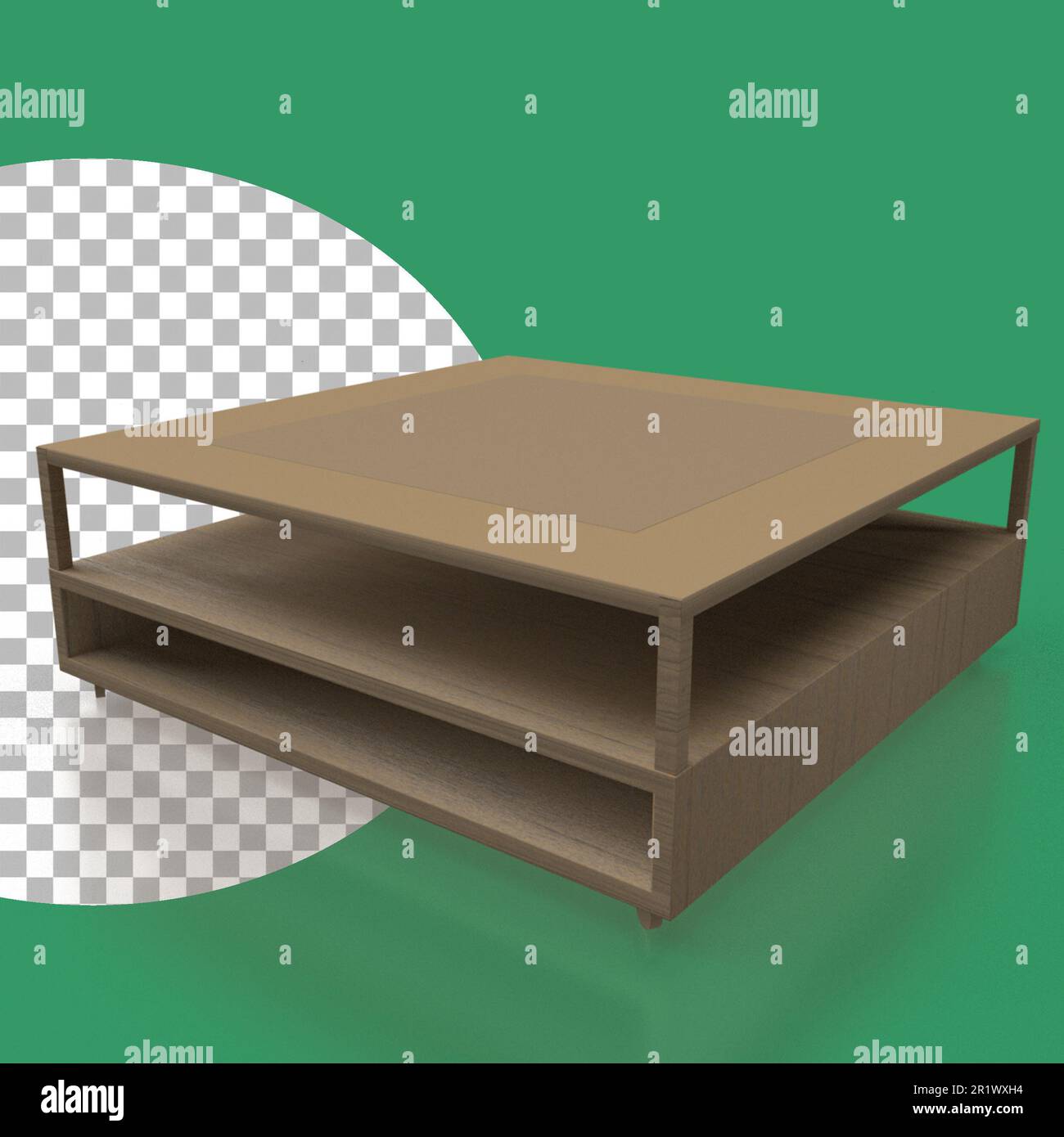 Vista prospettica basso tavolo da caffè in legno su sfondo trasparente. Foto Stock