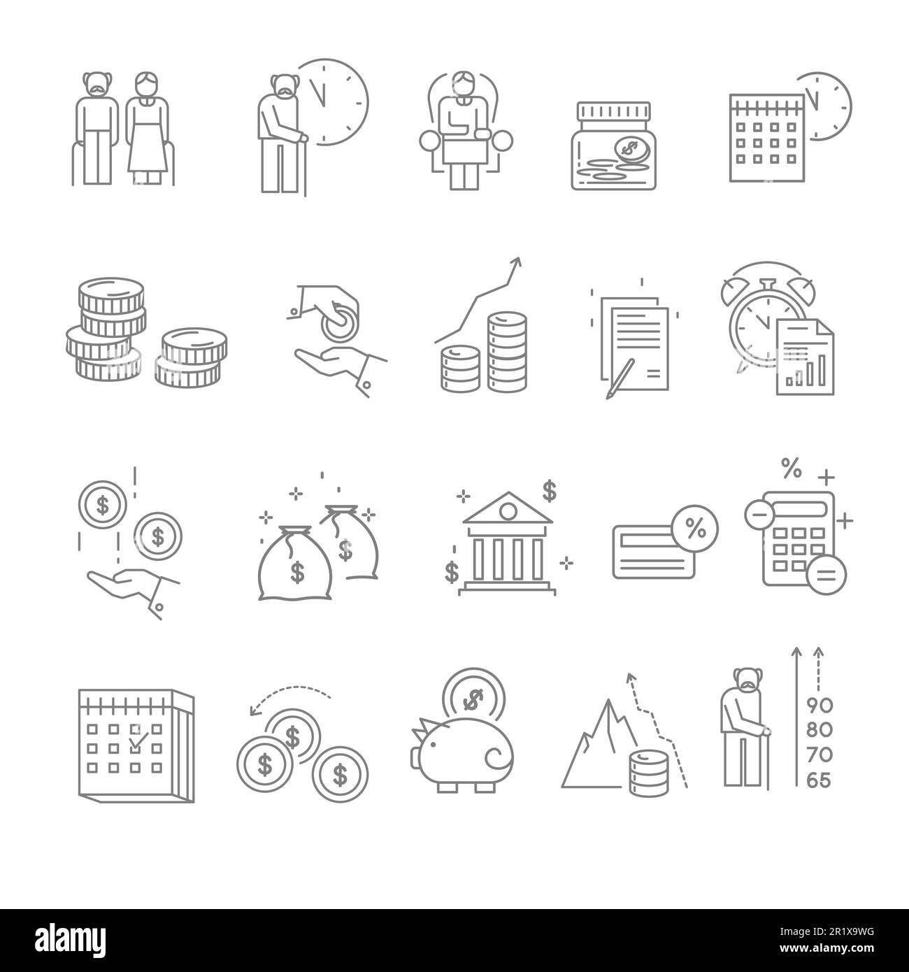 Pensioni e pensioni icone isolate, anziani depositi di denaro Illustrazione Vettoriale