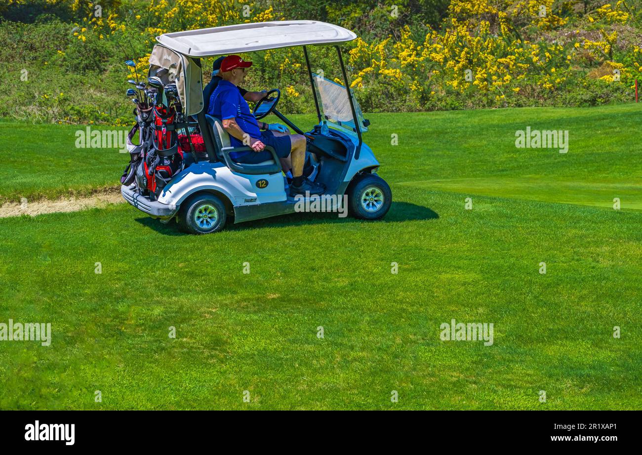 Golf cart o golf club auto in un bellissimo campo da golf con gli uomini alla guida. Vista sul campo da golf con golf cart. Concetto di sport di golf. Spazio di copia, f. Selettivo Foto Stock