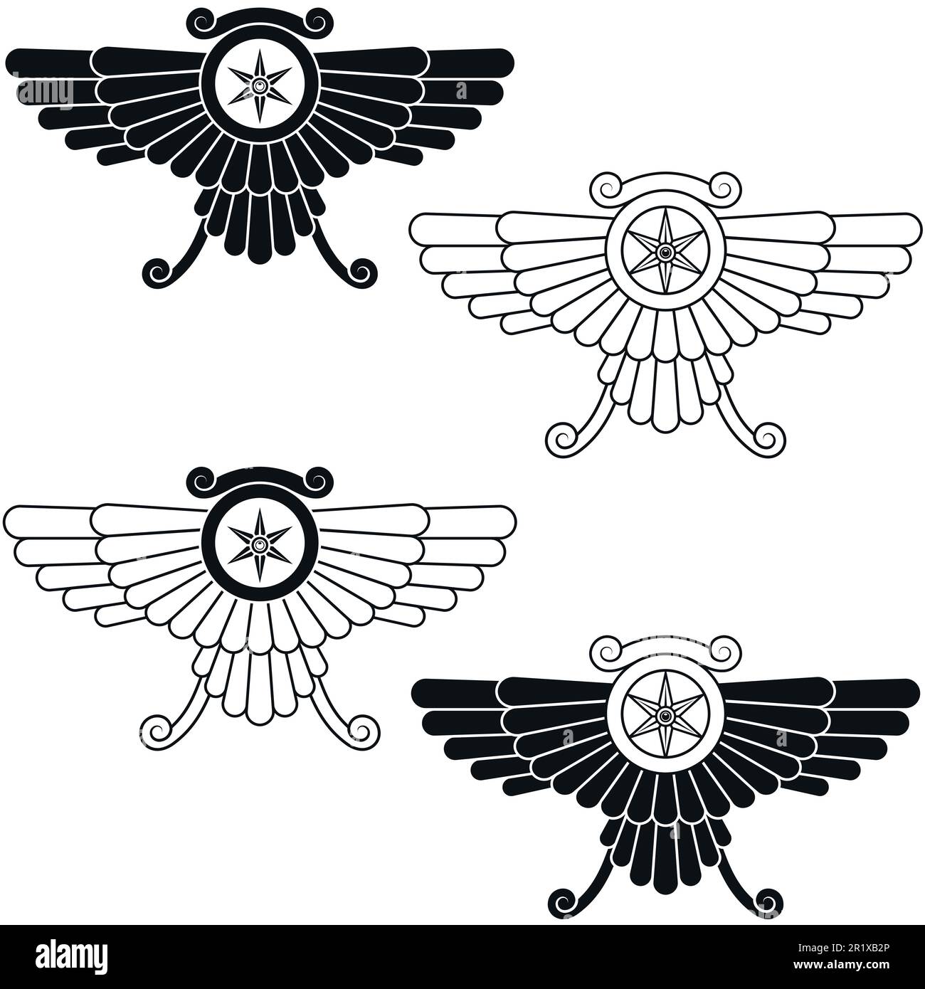 Disegno vettoriale del simbolo di Faravahar, disco solare alato, simbolo della religione zoroastriana Illustrazione Vettoriale