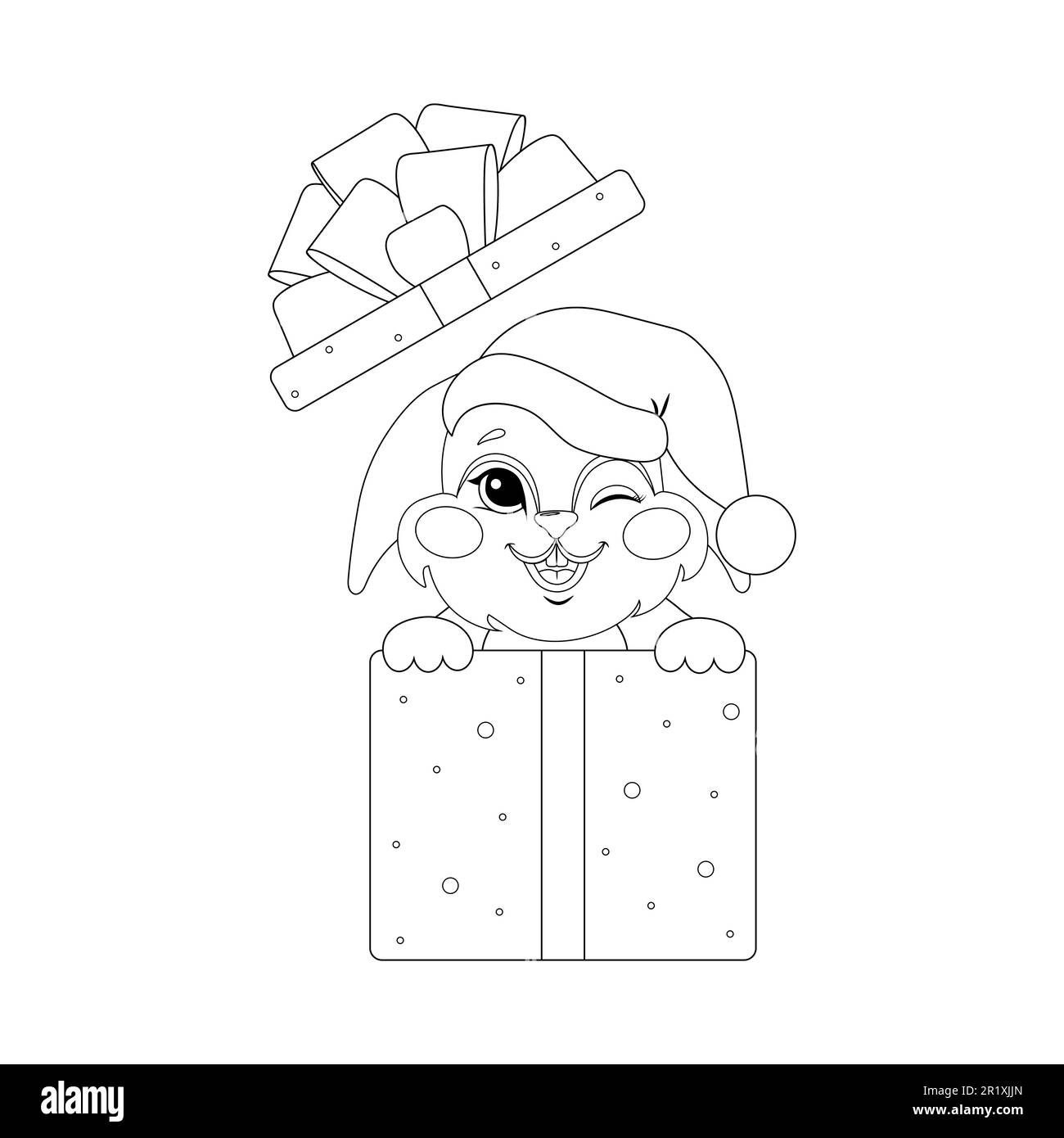 Coniglietto carino per il libro da colorare. Coniglio di Natale con scatola regalo. Pagina da colorare in bianco e nero. Illustrazione del contorno del vettore isolato. Educazione dei bambini Illustrazione Vettoriale