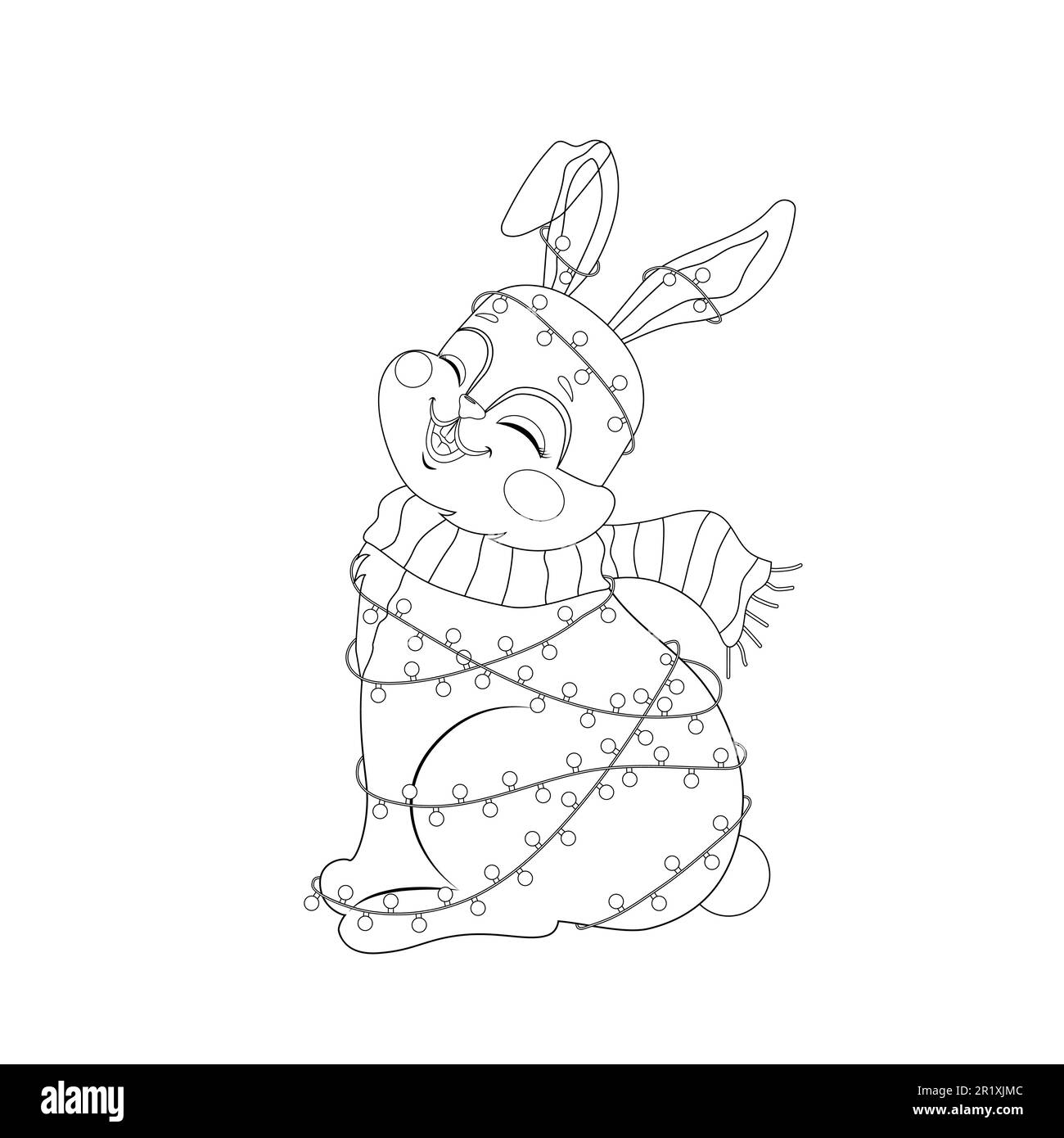 Coniglietto carino per il libro da colorare. Coniglio di Natale con ghirlanda. Pagina da colorare in bianco e nero. Illustrazione del contorno del vettore isolato. Educazione dei bambini Illustrazione Vettoriale