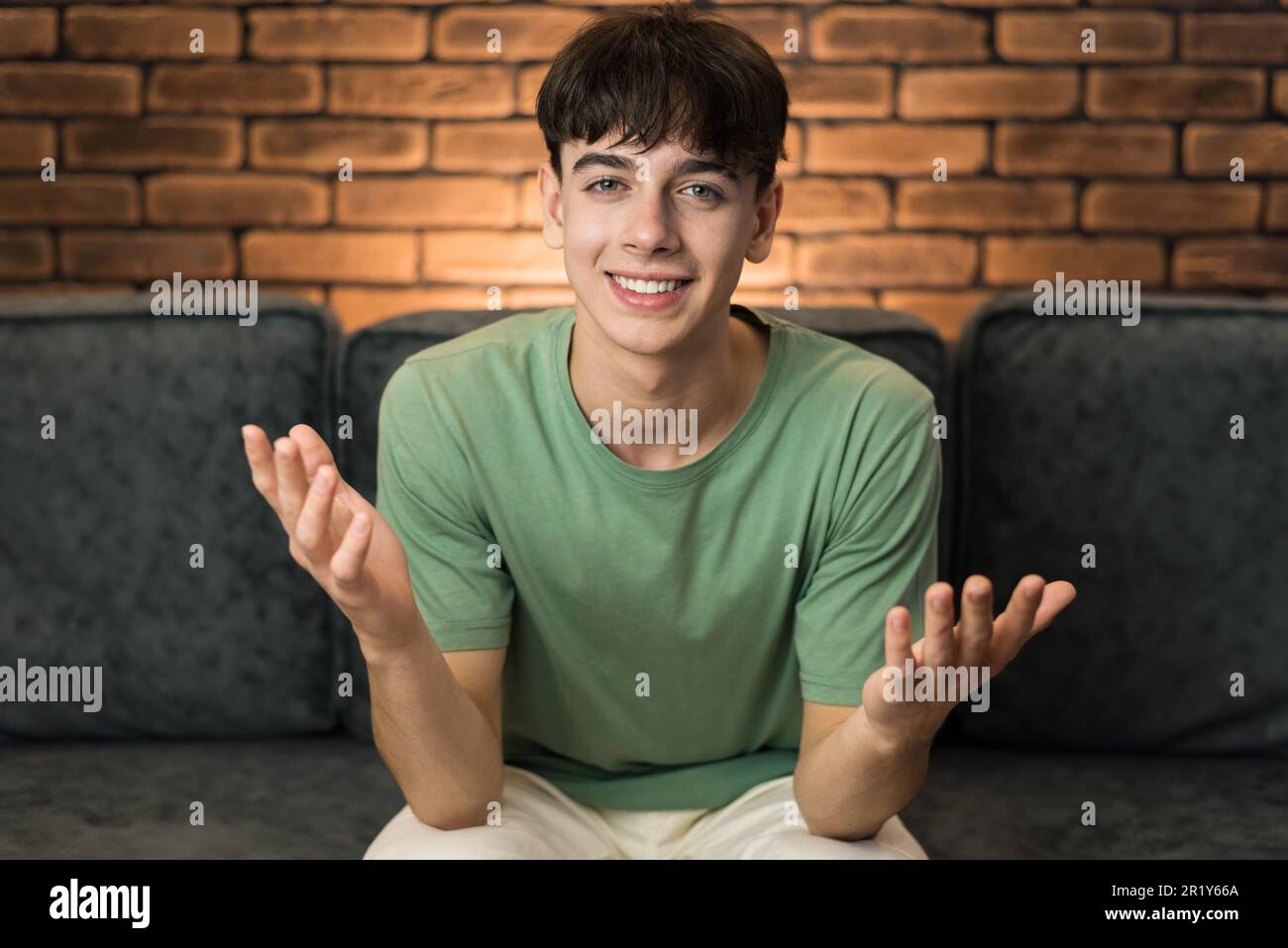 Giovane uomo sorridente in posa mentre si siede su un divano e si guarda nella macchina fotografica mentre si siede su un divano Foto Stock