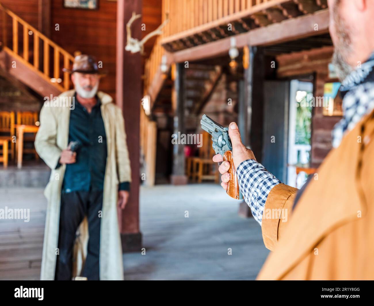Almeria, Spagna - Dicembre 28 2022: Grande vista della scena cowboy in stile occidentale set per film, mini hollywood nel mezzo del deserto, a Tabernas, Alme Foto Stock