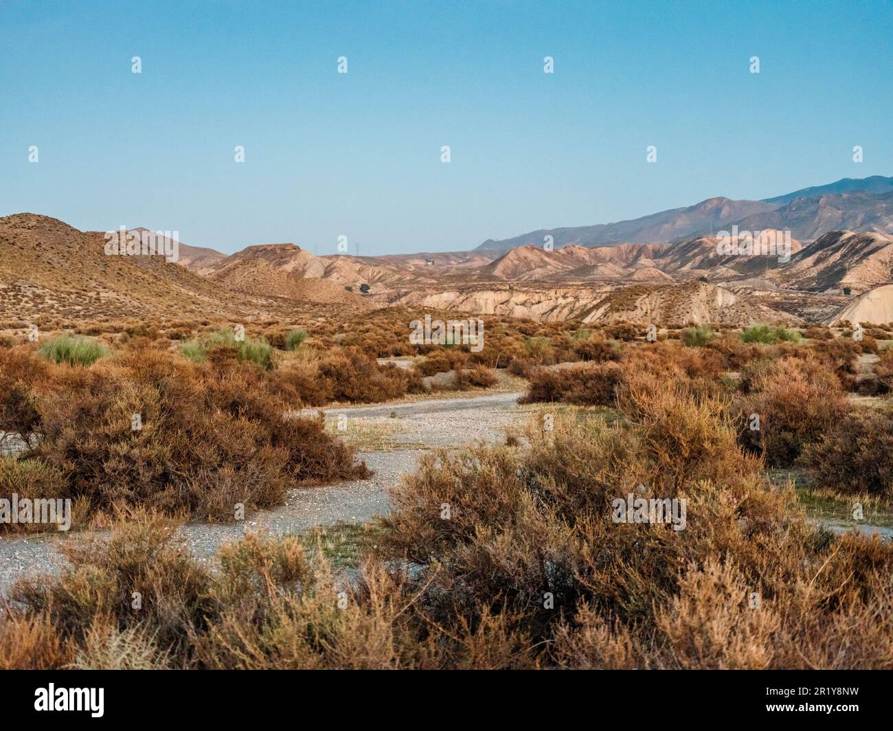 Tranquillo paesaggio del deserto di Tabernas in Andalusia, Spagna Foto Stock