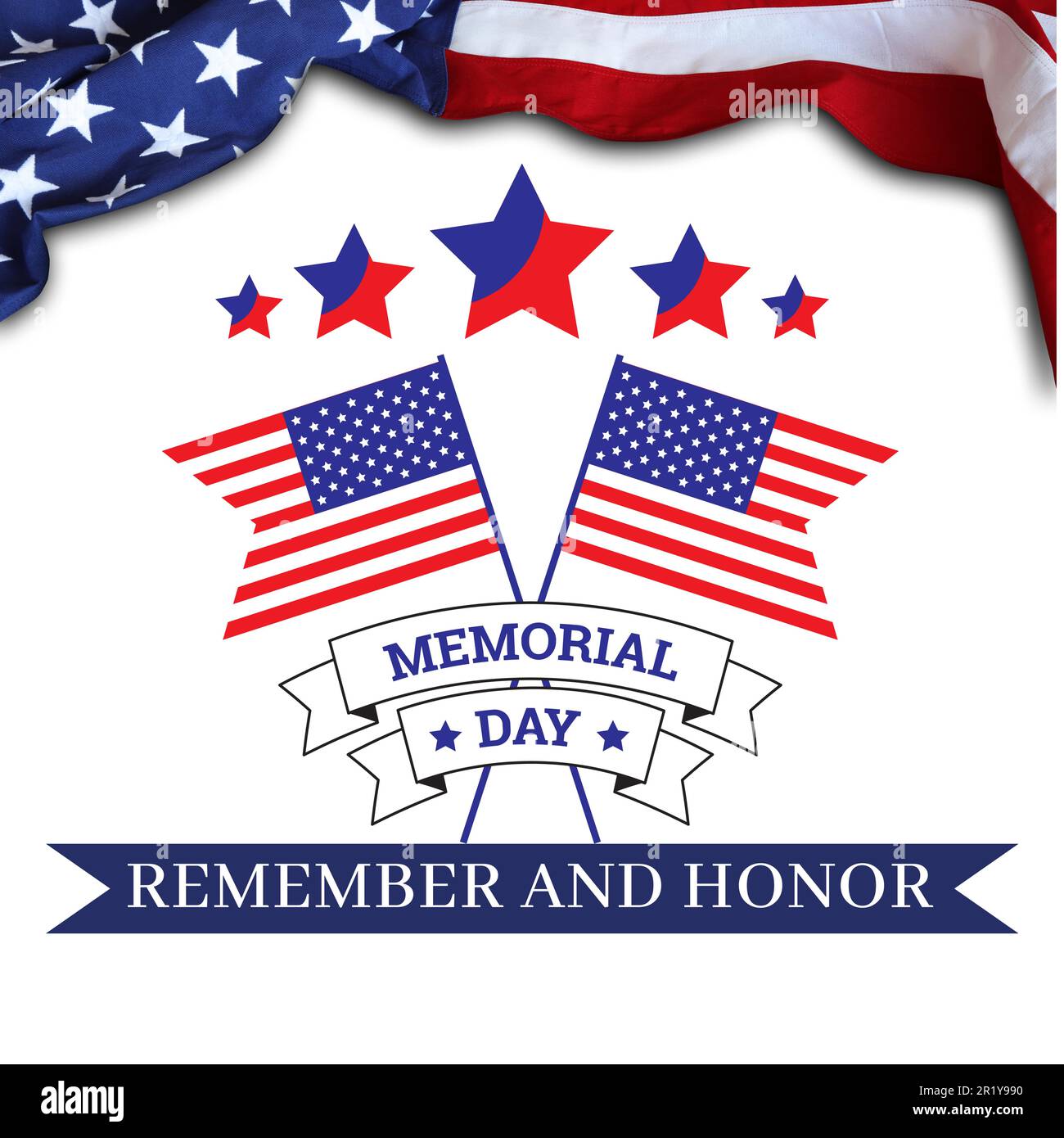 Illustrazione vettoriale del Memorial Day - bandiera americana, stelle e strisce, simboli patriottici e testo - USA, festa nazionale, onore, ricordo. Illustrazione Vettoriale