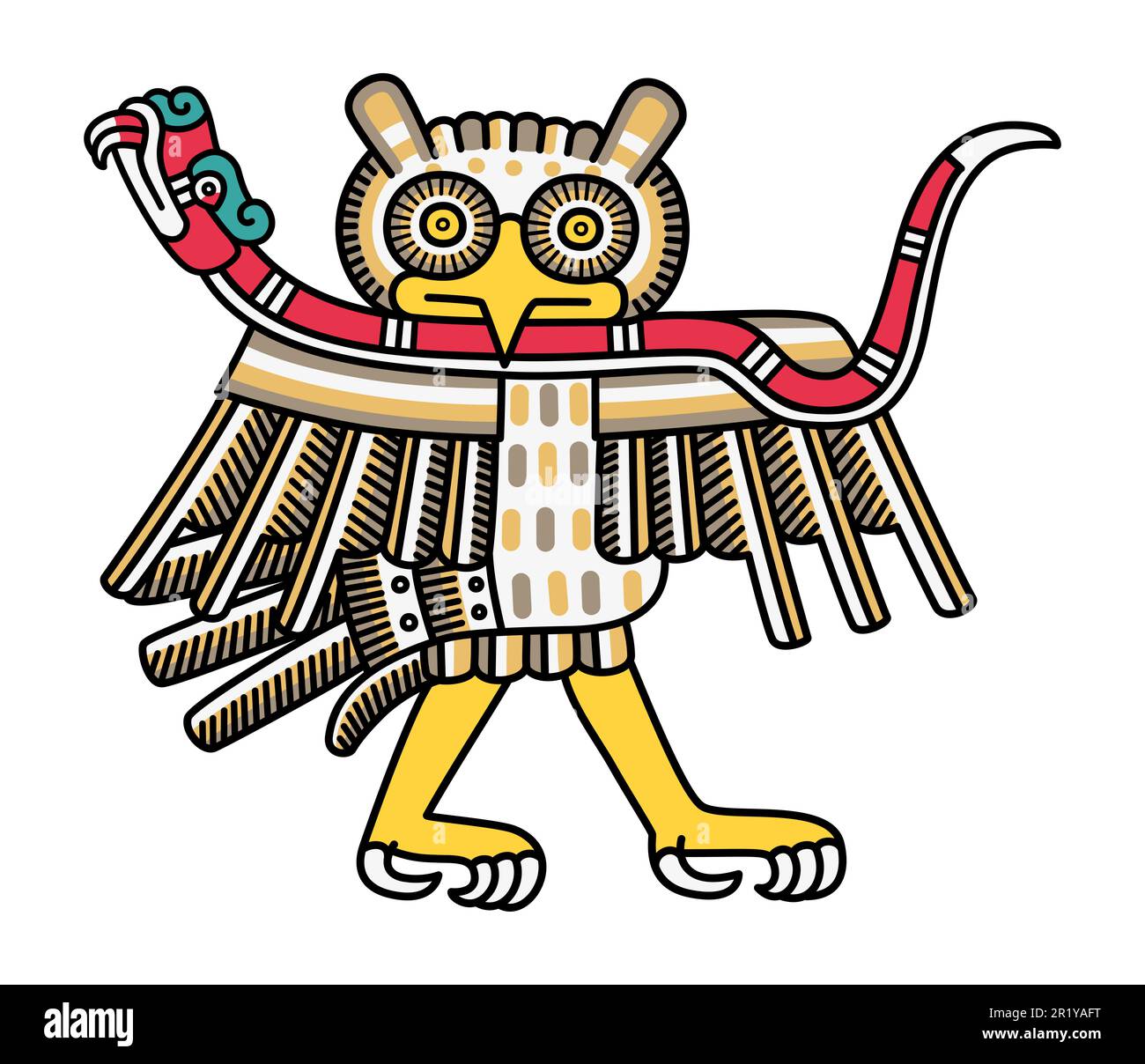 Gufo azteco con un serpente di corallo. In Aztec la religione gufi hanno legami speciali con il mondo sotterraneo e sono considerati come cattive omens. Foto Stock