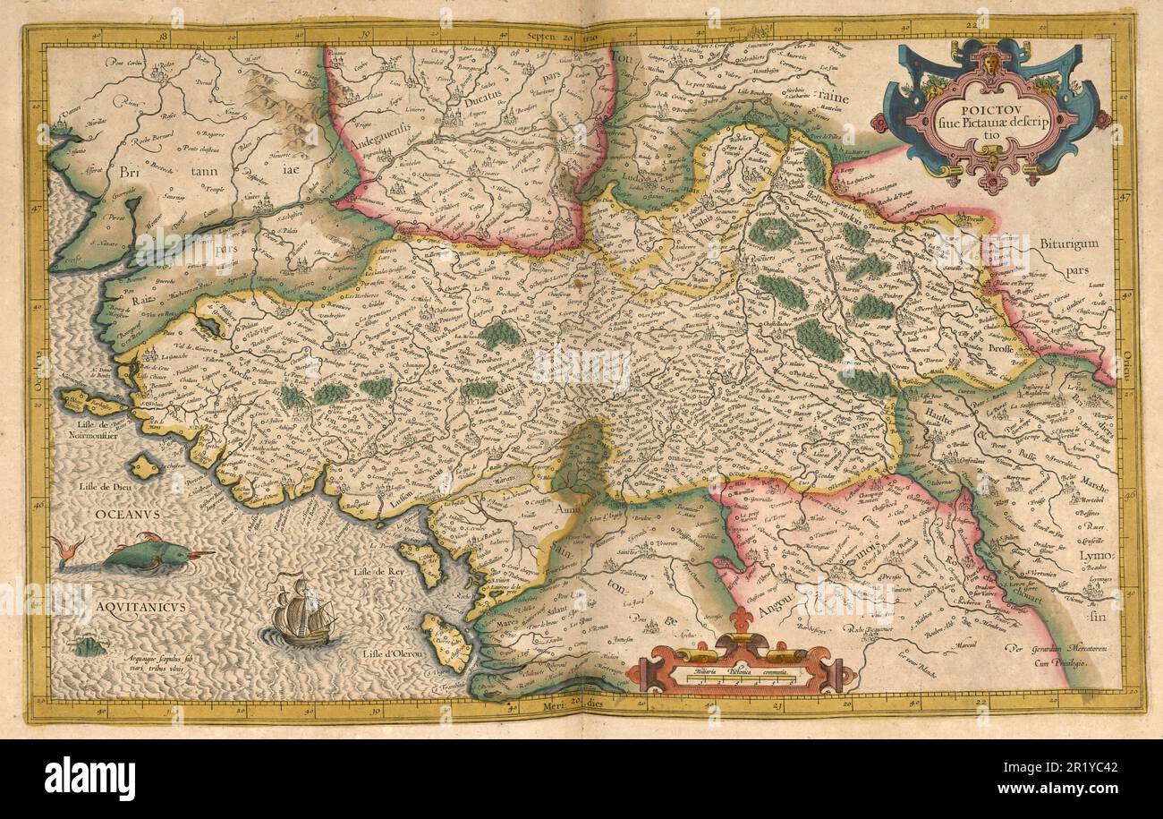 Atlas, mappa del 1623, Poictov, parte della Francia occidentale, riproduzione restaurata digitalmente da un'incisione di Gerhard Mercator, nato come Gheert Cremer, 5 marzo 1512 - 2 dicembre 1594, geografo e cartografo / Landkarte aus dem Jahre 1623, Poictov, Teil von Westfrankreich, Digital restaurierte Reproduktion von einem Kupferstich von Gerhard Mercator, geboren als Gheert Cremer, 5. März 1512 - 2. Dezember 1594, Geograph und Kartographf Foto Stock